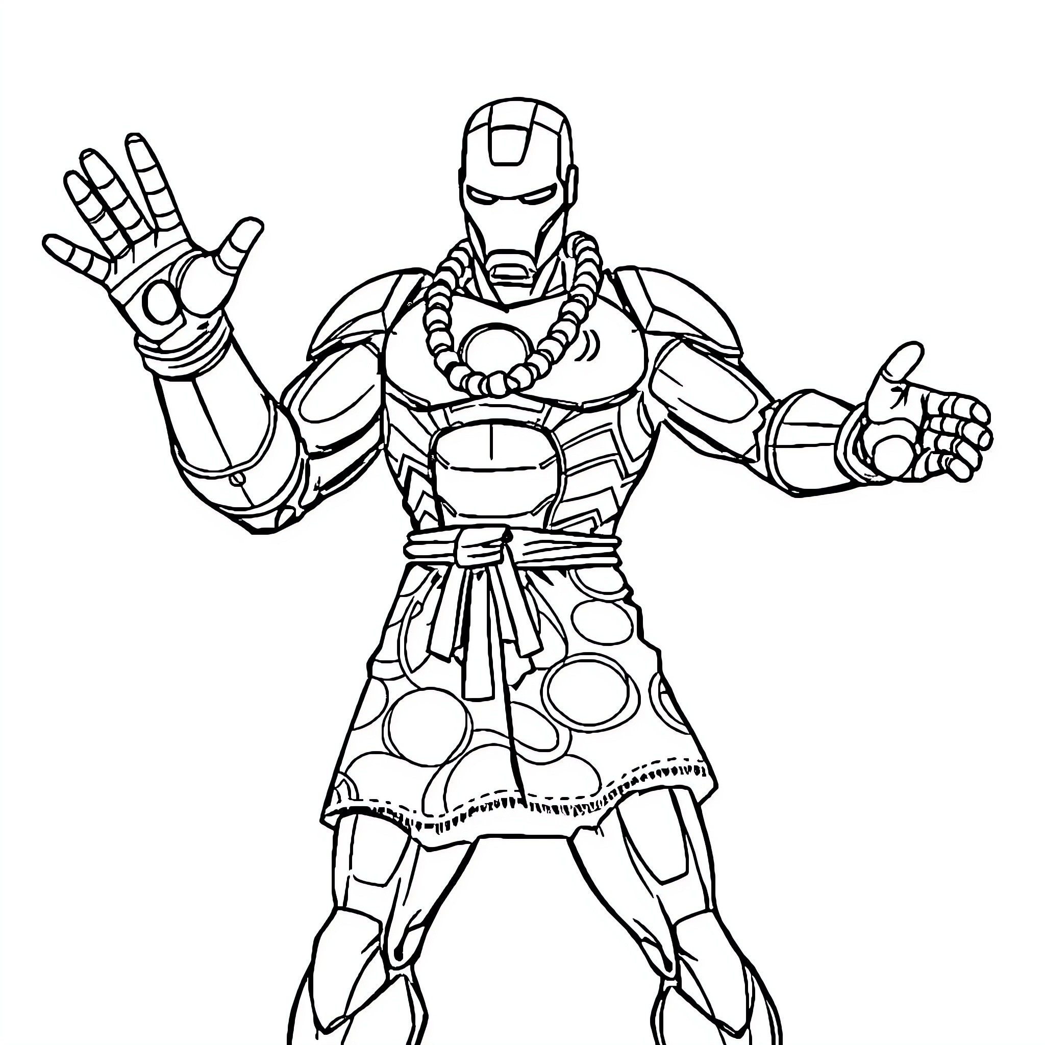 Iron Man in action-packed battle pose Coloring Page (free black-and-white line drawing printable PDF for all, from beginners to advanced learners, including children, teens, adults, and seniors)