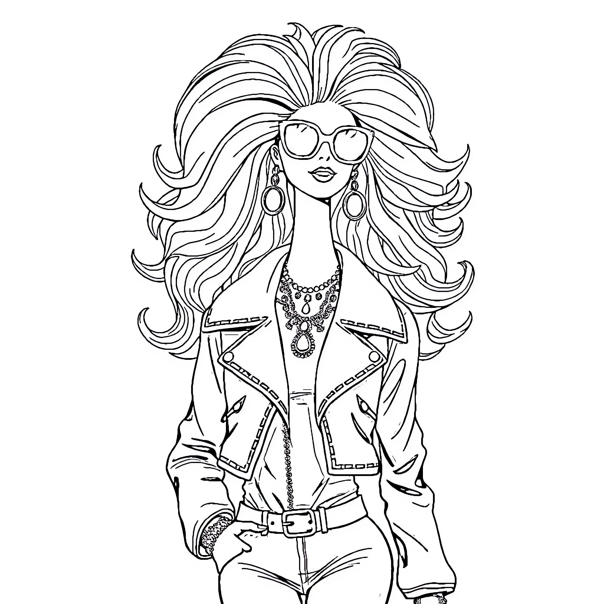 Barbie Dressed in Trendy Outfit with Sunglasses Coloring Page (free black-and-white line drawing printable PDF for all, from beginners to advanced learners, including children, teens, adults, and seniors)
