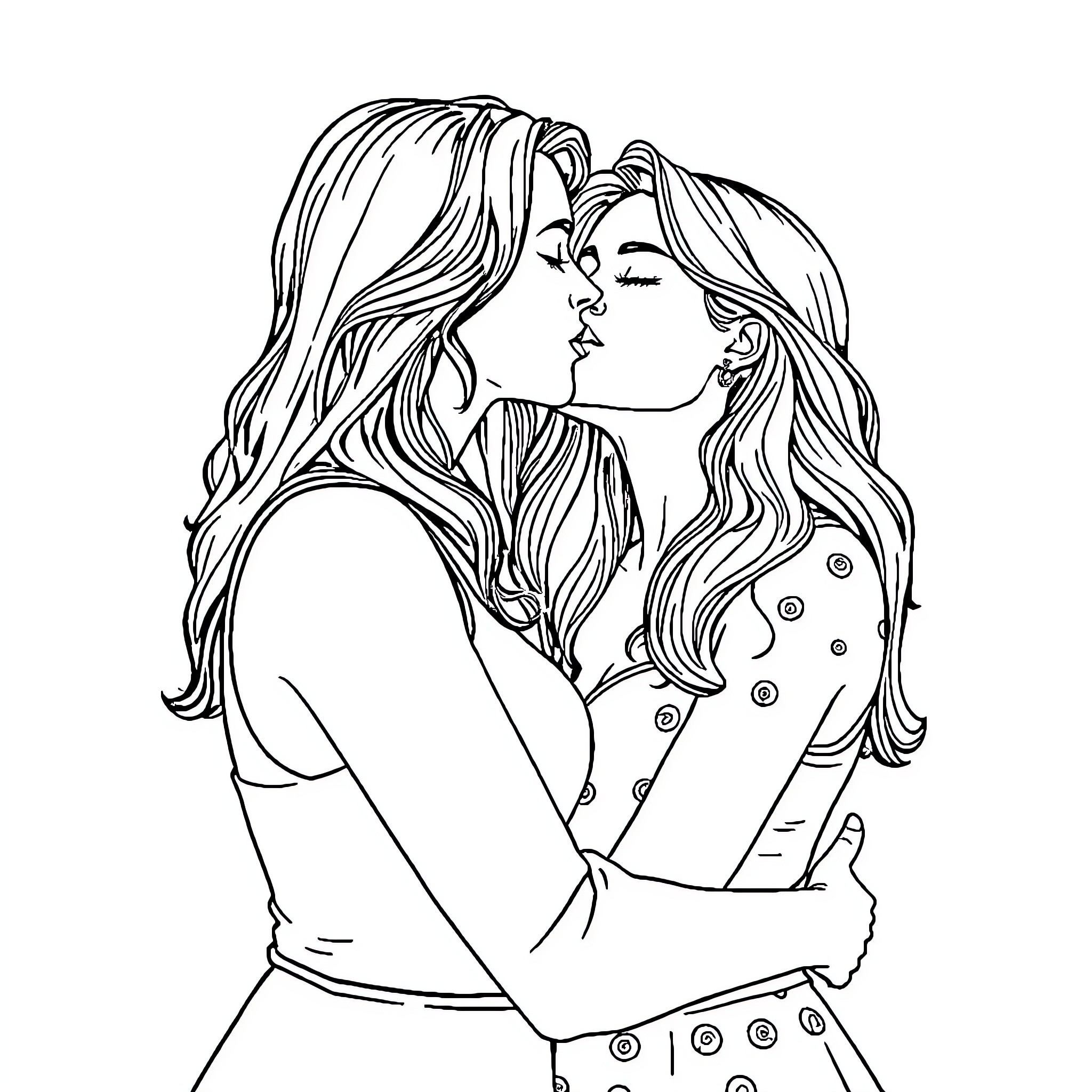 Lesbian couple's tender embrace Coloring Page (free black-and-white line drawing printable PDF for all, from beginners to advanced learners, including children, teens, adults, and seniors)