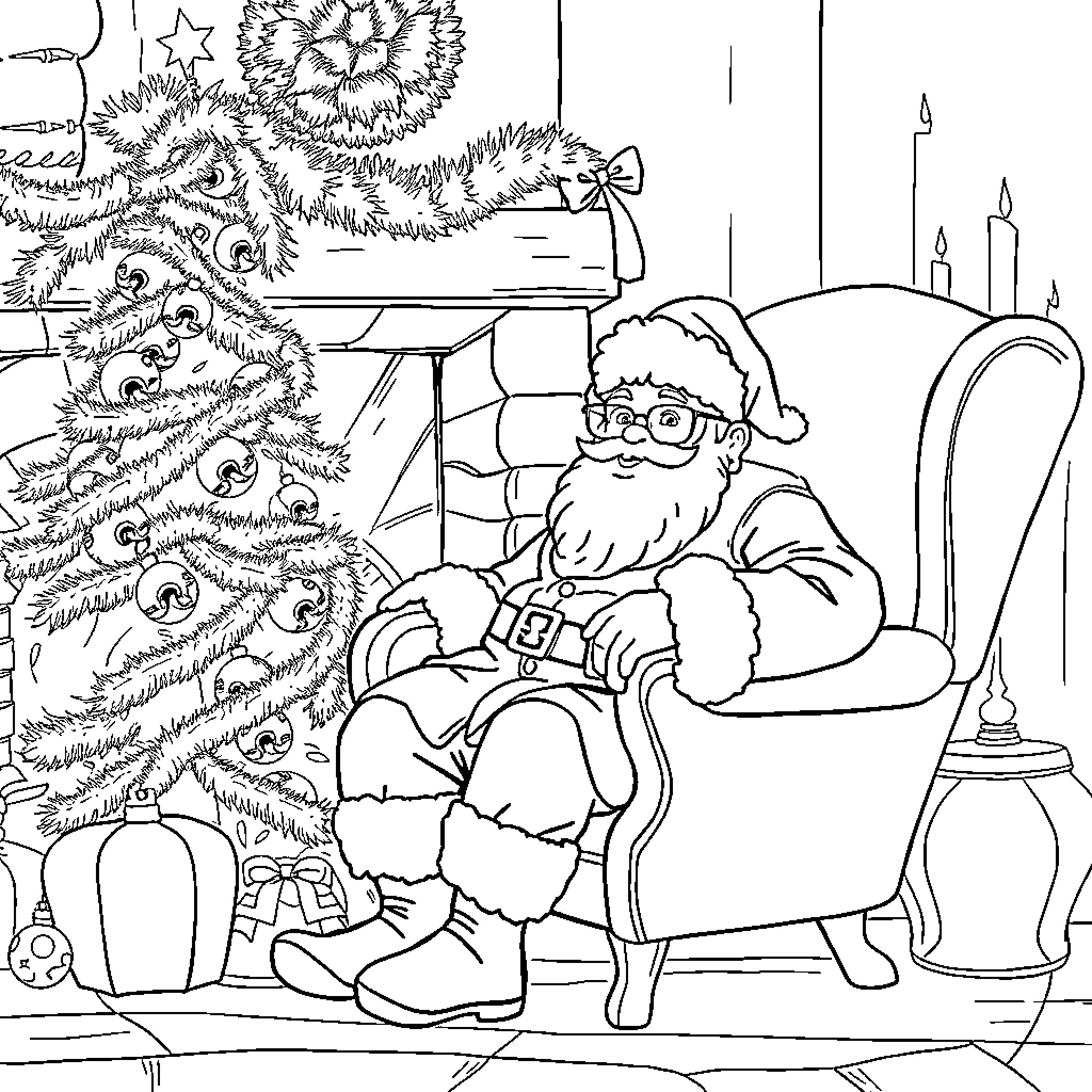 Père Noël relaxing by the Christmas tree Coloring Page (free black-and-white line drawing printable PDF for all, from beginners to advanced learners, including children, teens, adults, and seniors)