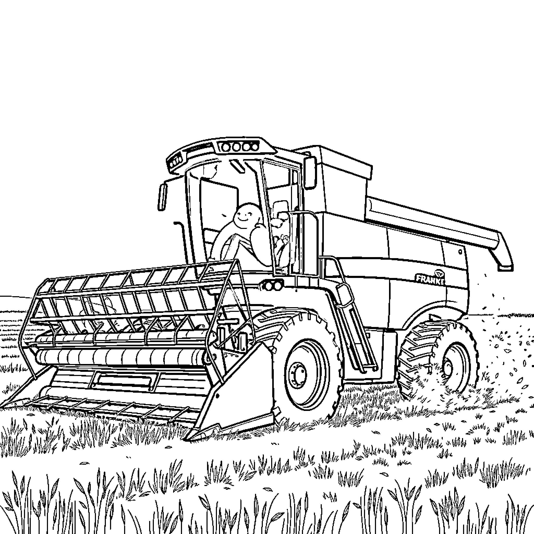 Combine Harvester Cutting Crop in Field Coloring Page (free black-and-white line drawing printable PDF for all, from beginners to advanced learners, including children, teens, adults, and seniors)