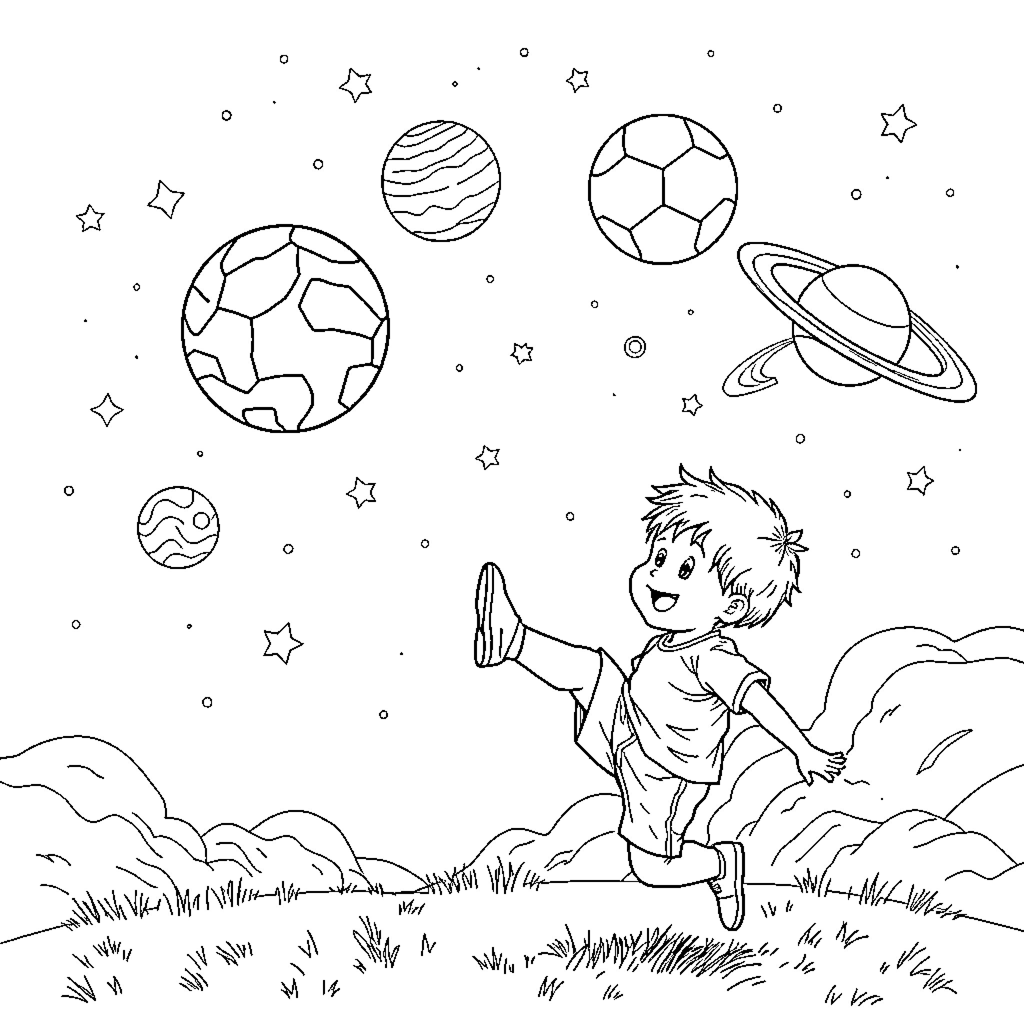Soccer Ball Themed Cosmic Landscape with Child Coloring Page (free black-and-white line drawing printable PDF for all, from beginners to advanced learners, including children, teens, adults, and seniors)