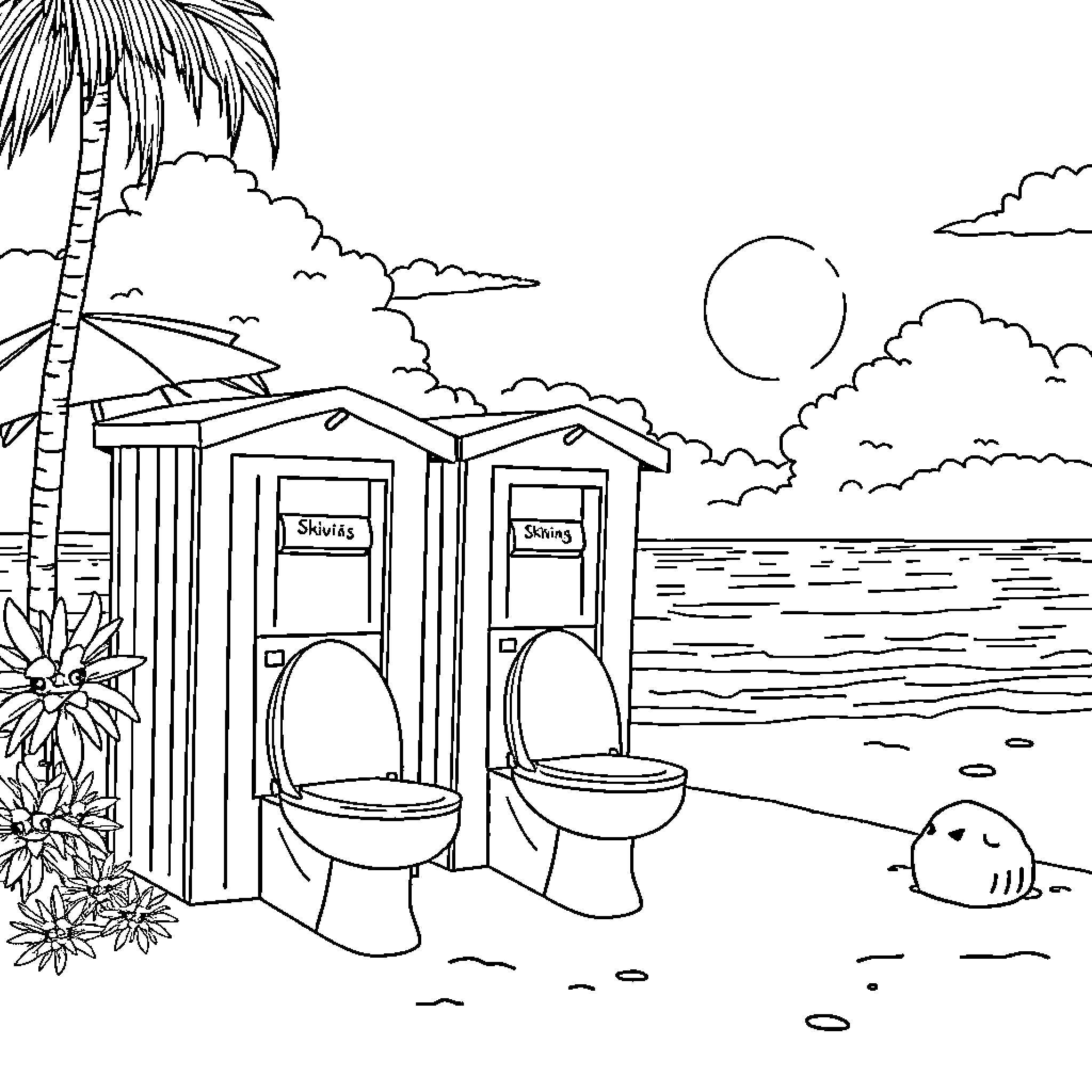 Toilet Facilities by the Beach Coloring Page (free black-and-white line drawing printable PDF for all, from beginners to advanced learners, including children, teens, adults, and seniors)
