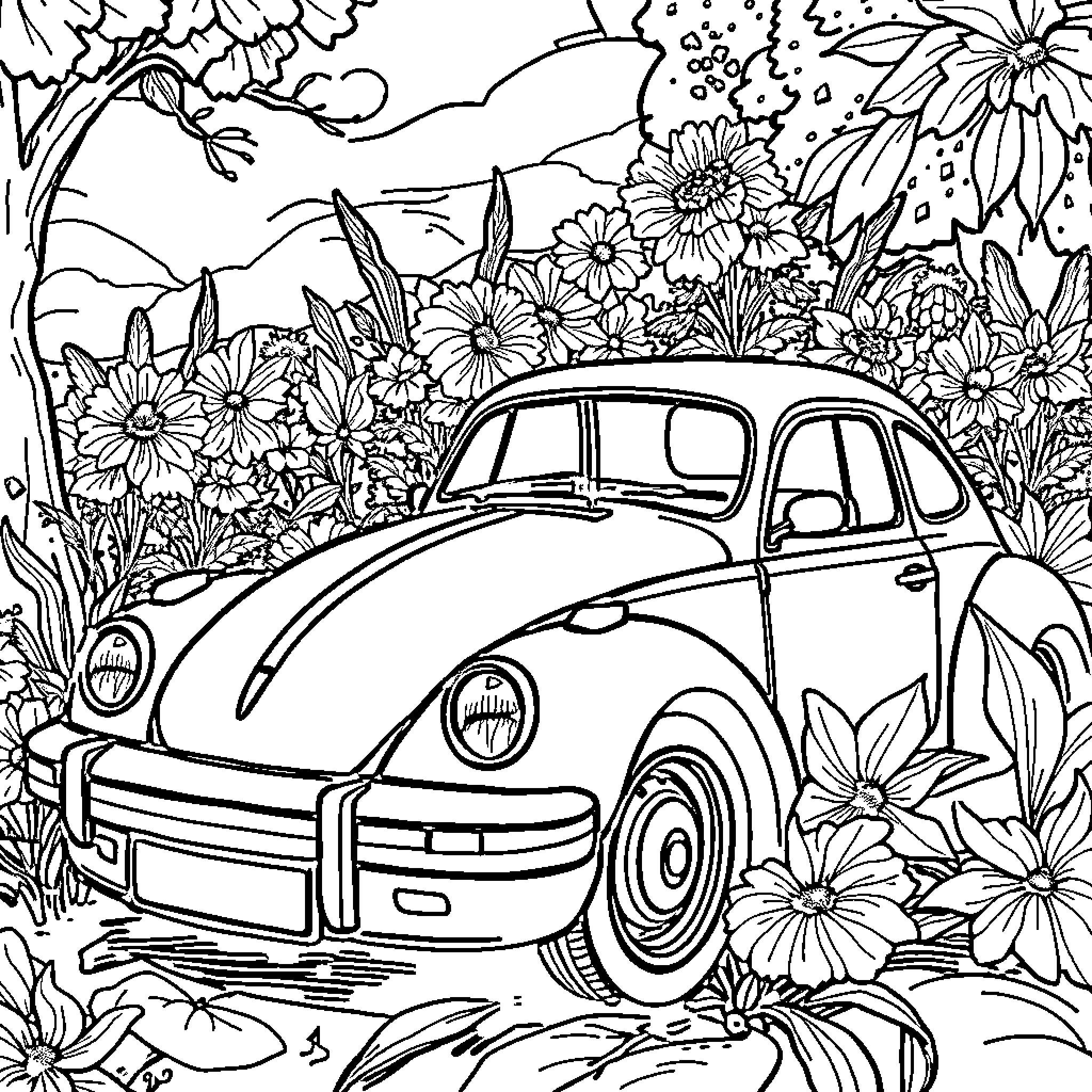 Car in a Floral Garden Coloring Page (free black-and-white line drawing printable PDF for all, from beginners to advanced learners, including children, teens, adults, and seniors)