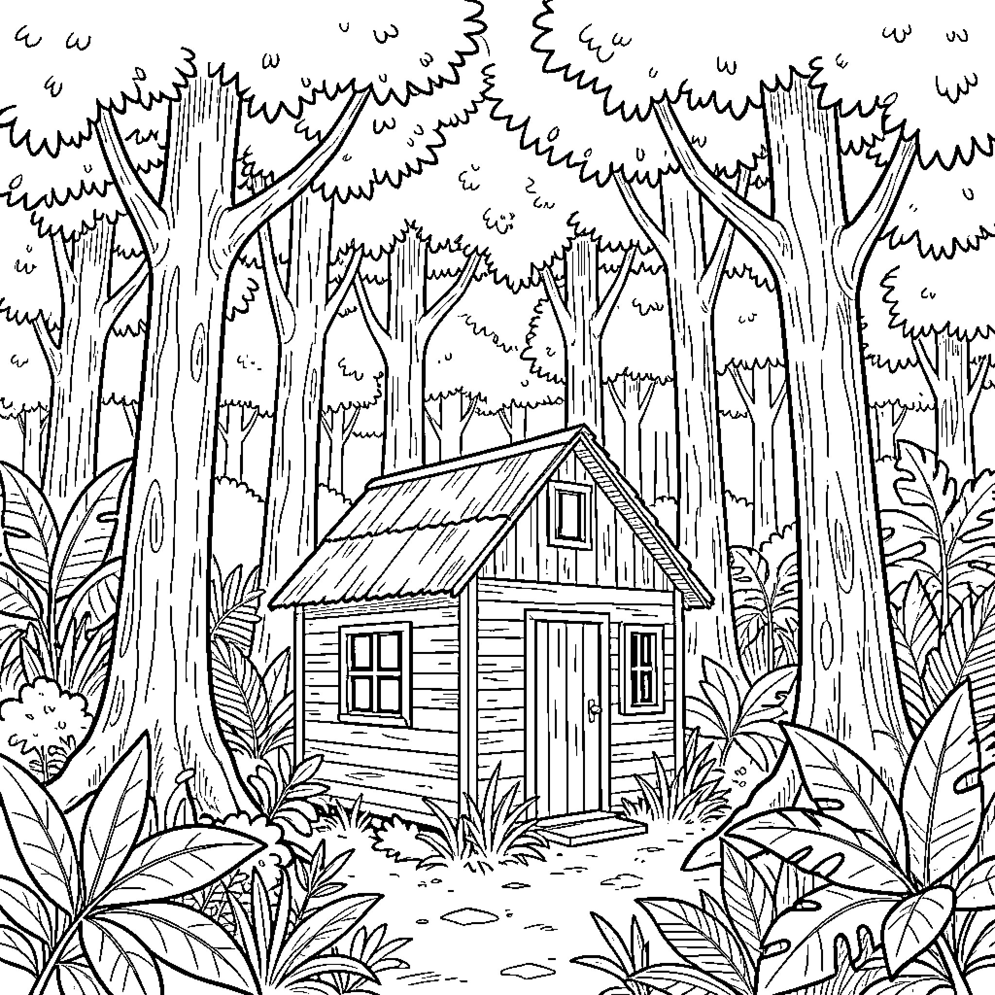 Shed in the Enchanted Forest Coloring Page (free black-and-white line drawing printable PDF for all, from beginners to advanced learners, including children, teens, adults, and seniors)
