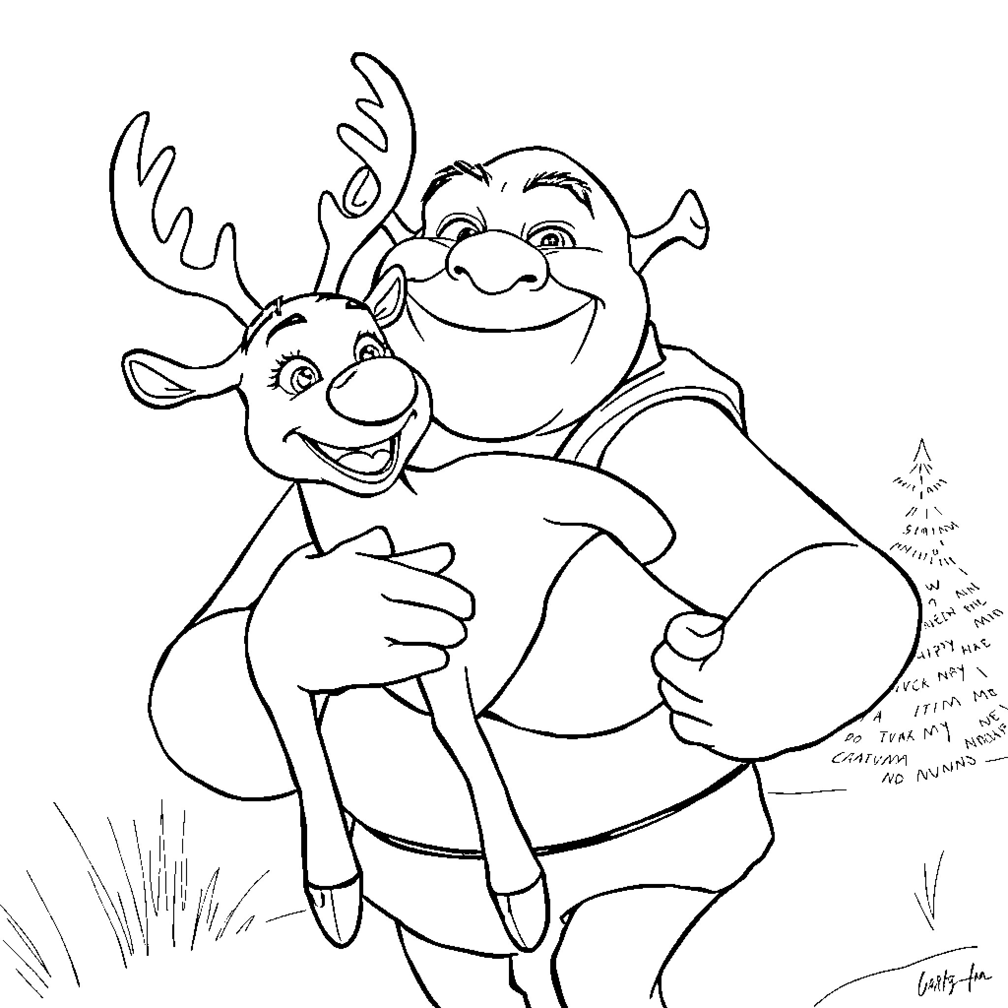 Rudolph and Jolly Santa Embrace in Festive Cheer Coloring Page (free black-and-white line drawing printable PDF for all, from beginners to advanced learners, including children, teens, adults, and seniors)
