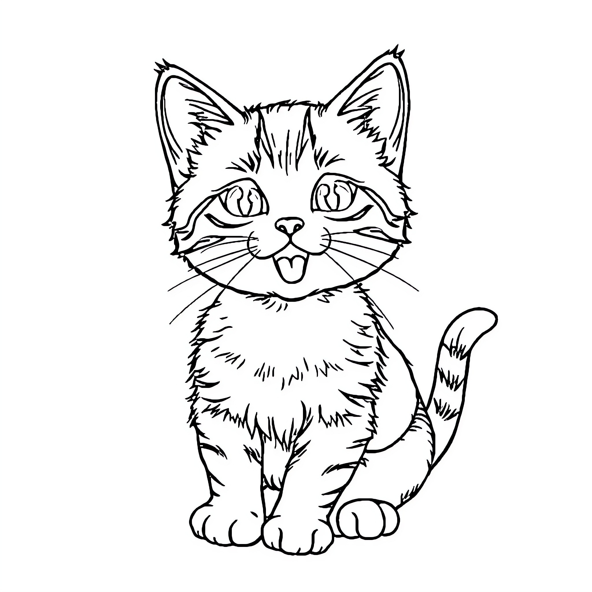 Kitty Kitten Sitting Playfully Coloring Page (free black-and-white line drawing printable PDF for all, from beginners to advanced learners, including children, teens, adults, and seniors)