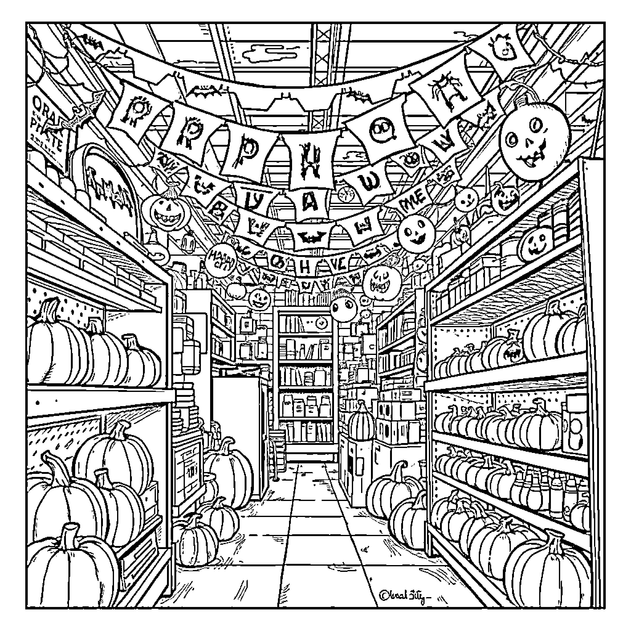 Halloween party decorations in a busy store Coloring Page (free black-and-white line drawing printable PDF for all, from beginners to advanced learners, including children, teens, adults, and seniors)
