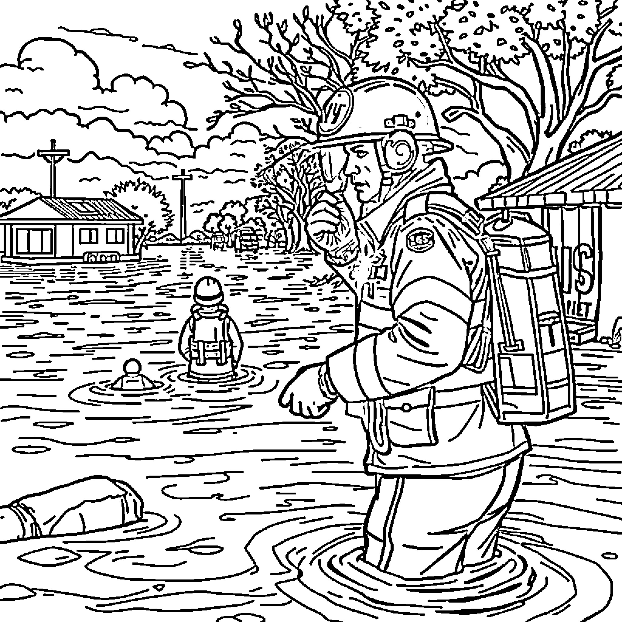 Worker assisting during flood disaster Coloring Page (free black-and-white line drawing printable PDF for all, from beginners to advanced learners, including children, teens, adults, and seniors)