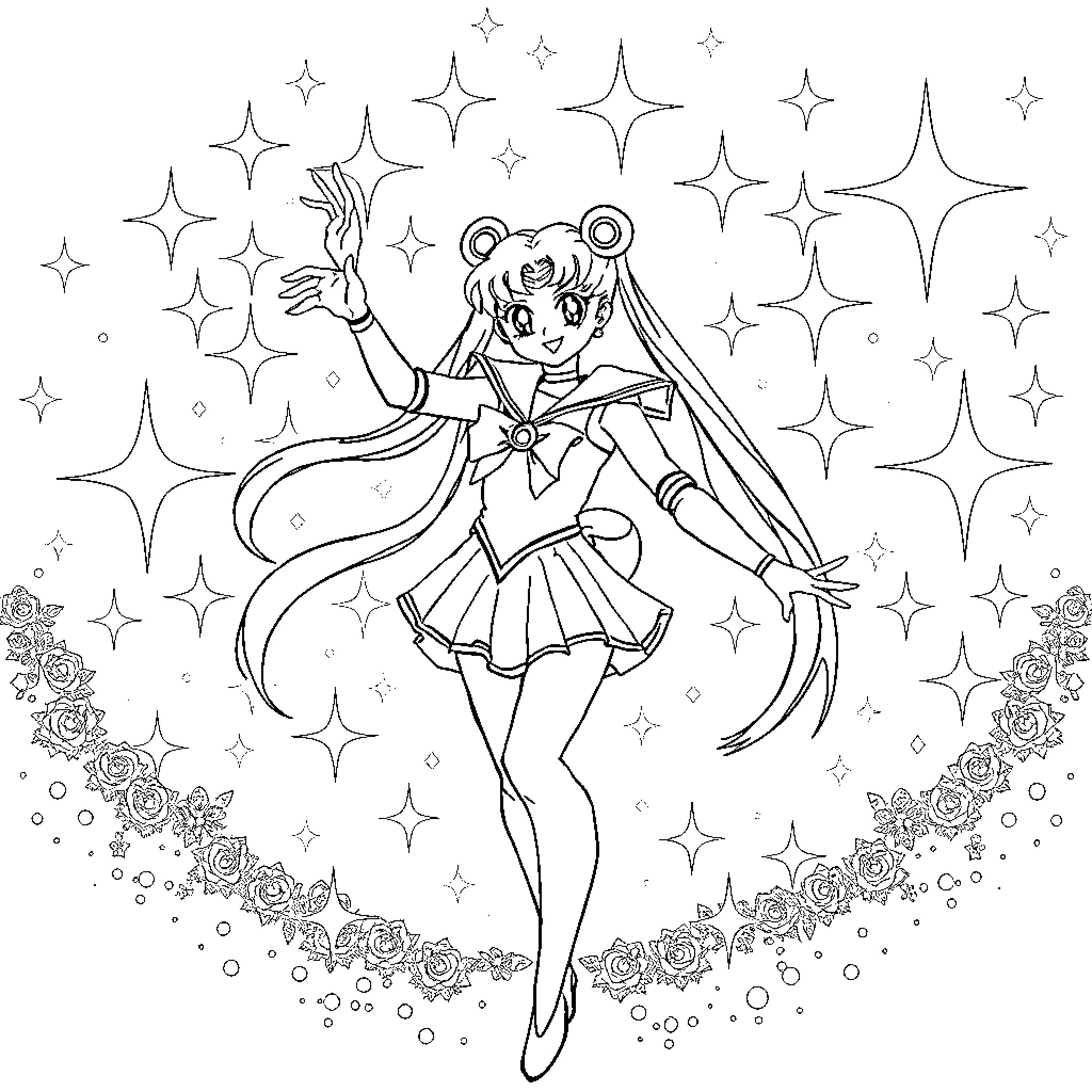 Sailor Moon's Magical Transformation and Sparkling Costume Coloring Page (free black-and-white line drawing printable PDF for all, from beginners to advanced learners, including children, teens, adults, and seniors)
