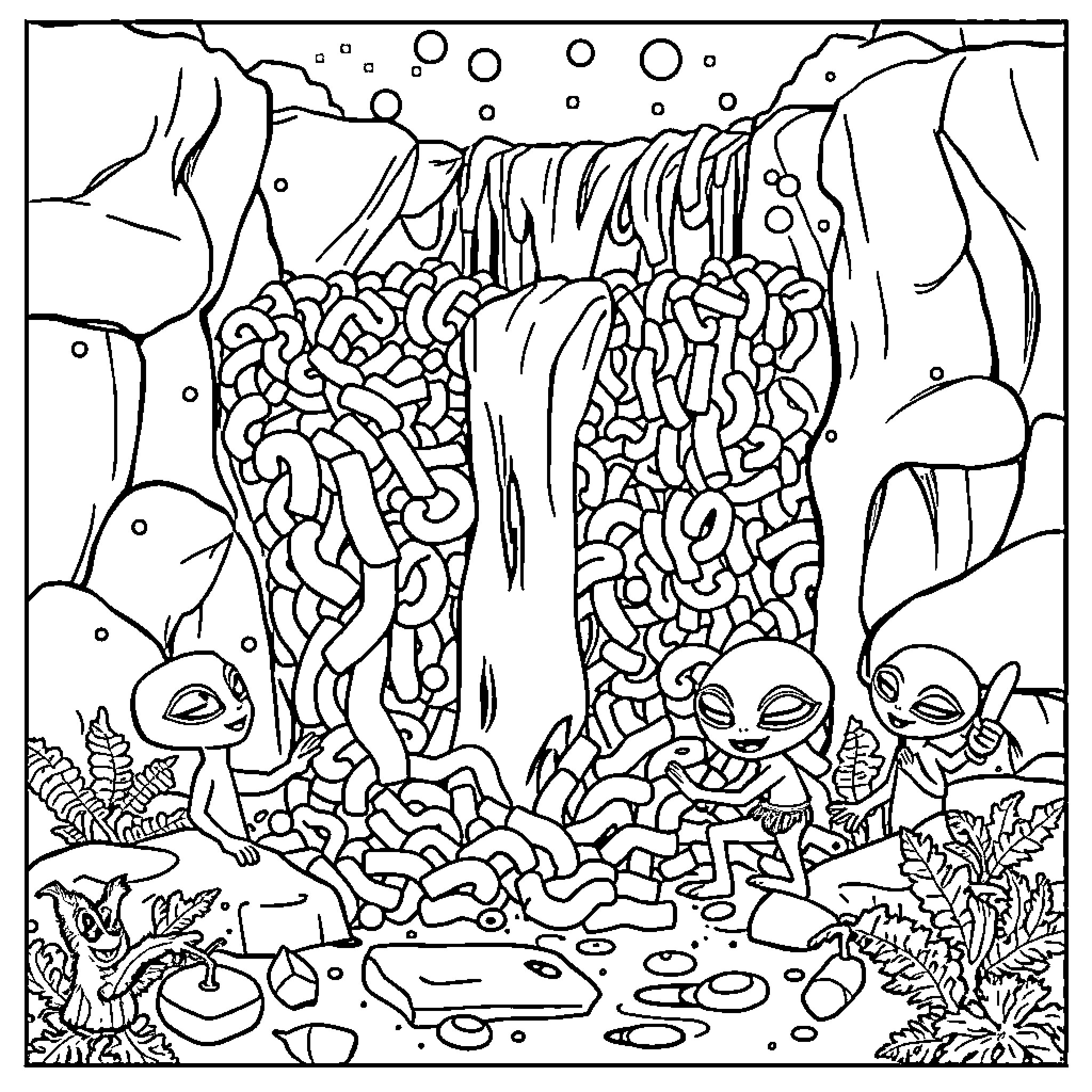 Macaroni Aliens Explore Surreal Underwater Landscape Coloring Page (free black-and-white line drawing printable PDF for all, from beginners to advanced learners, including children, teens, adults, and seniors)