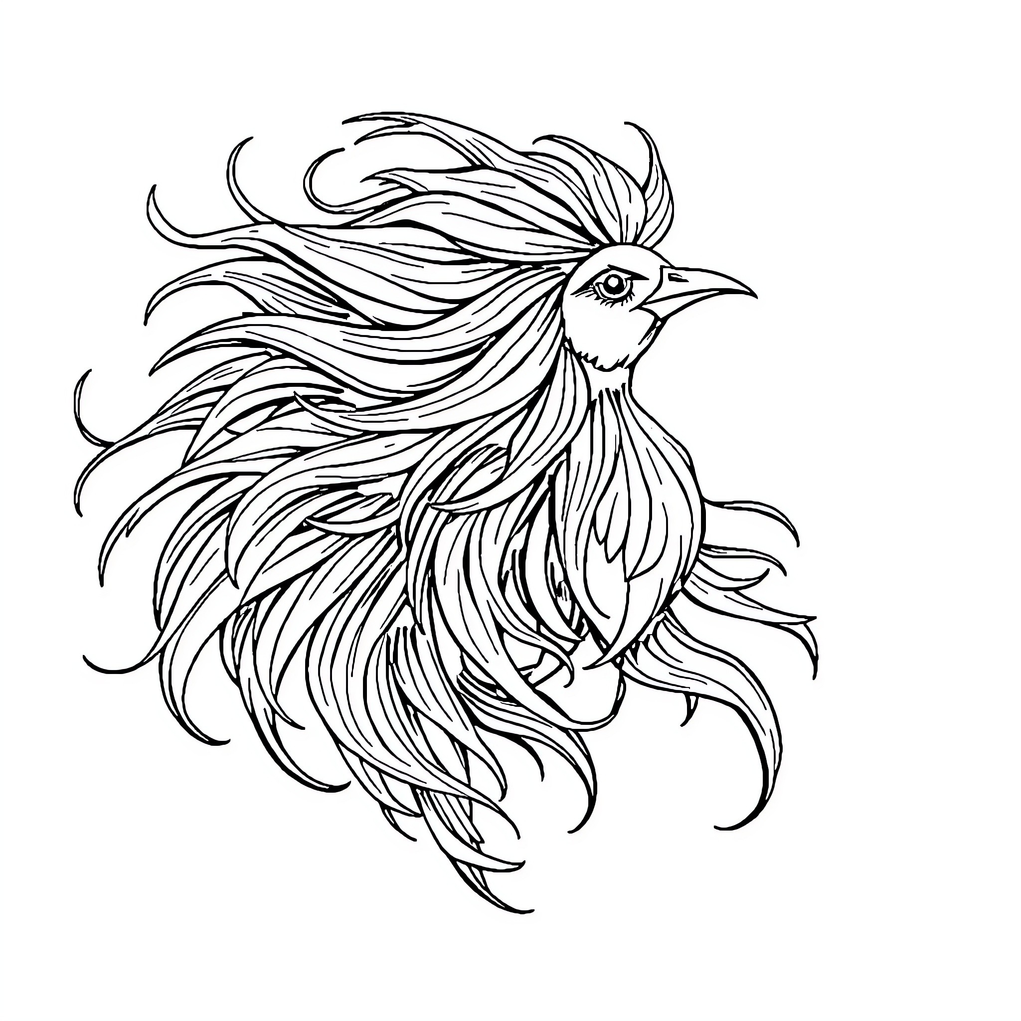 Virgo rooster with majestic feathers Coloring Page (free black-and-white line drawing printable PDF for all, from beginners to advanced learners, including children, teens, adults, and seniors)