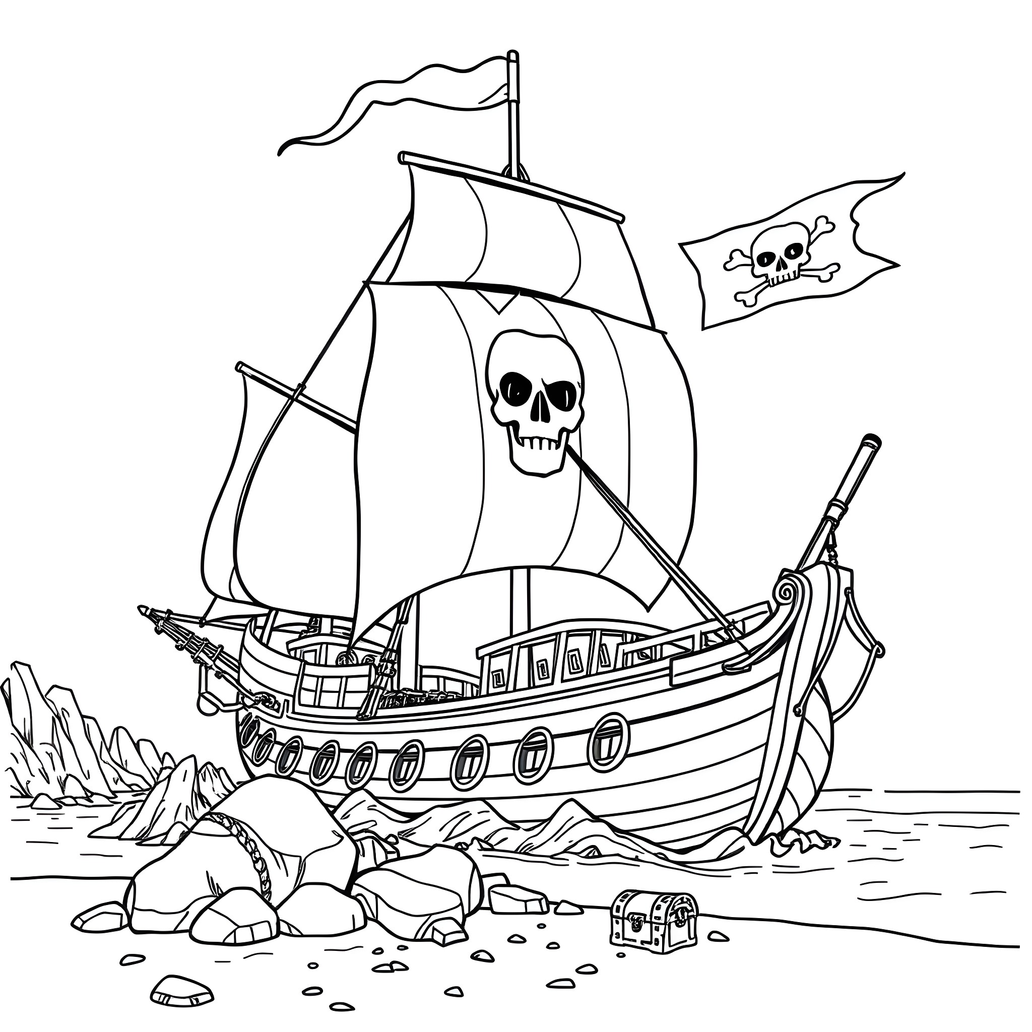 Pirate Ship Sailing with Skull Flag in the Ocean Coloring Page (free black-and-white line drawing printable PDF for all, from beginners to advanced learners, including children, teens, adults, and seniors)