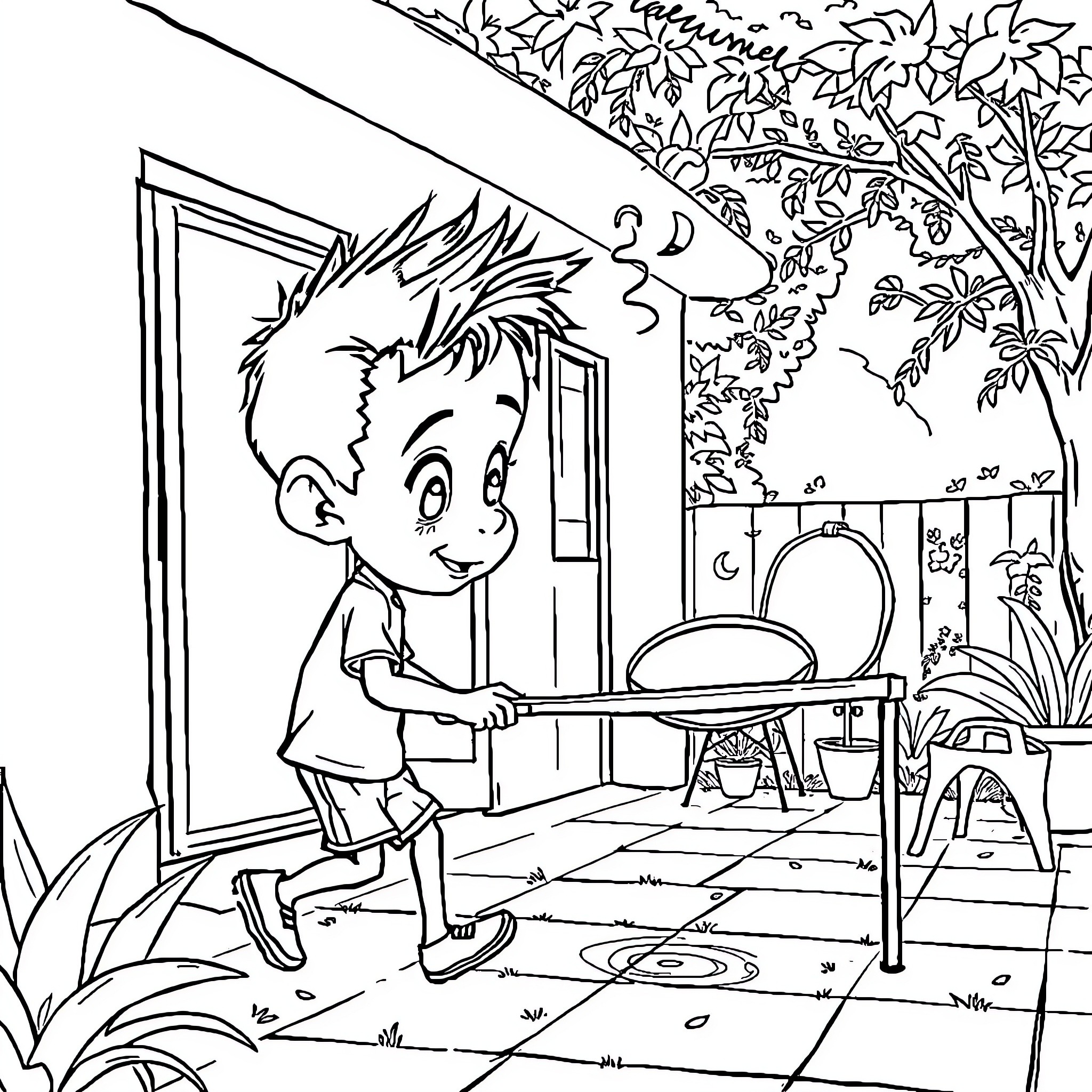 Niño exploring his backyard adventure Coloring Page (free black-and-white line drawing printable PDF for all, from beginners to advanced learners, including children, teens, adults, and seniors)