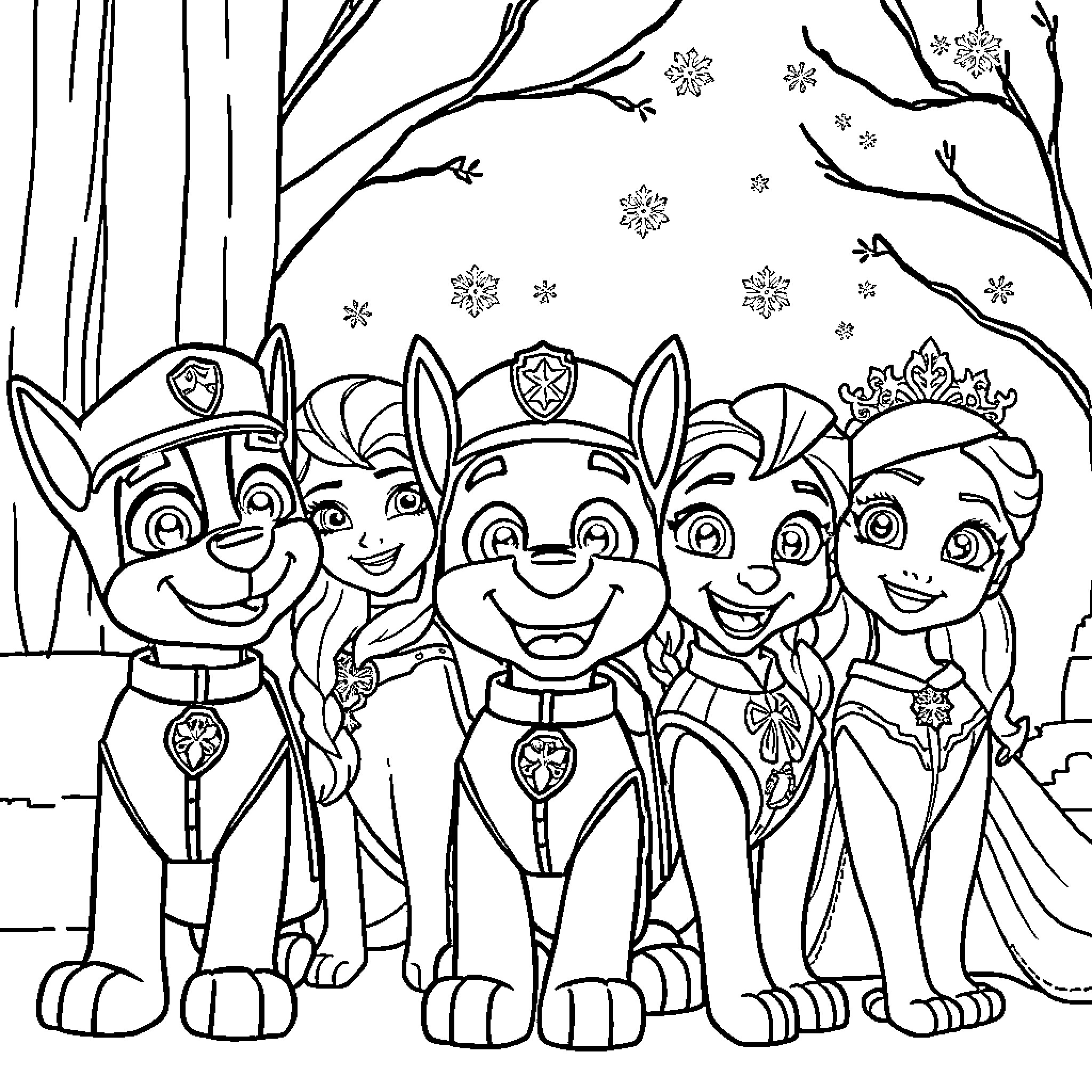 Paw Patrol winter wonderland adventure Coloring Page (free black-and-white line drawing printable PDF for all, from beginners to advanced learners, including children, teens, adults, and seniors)