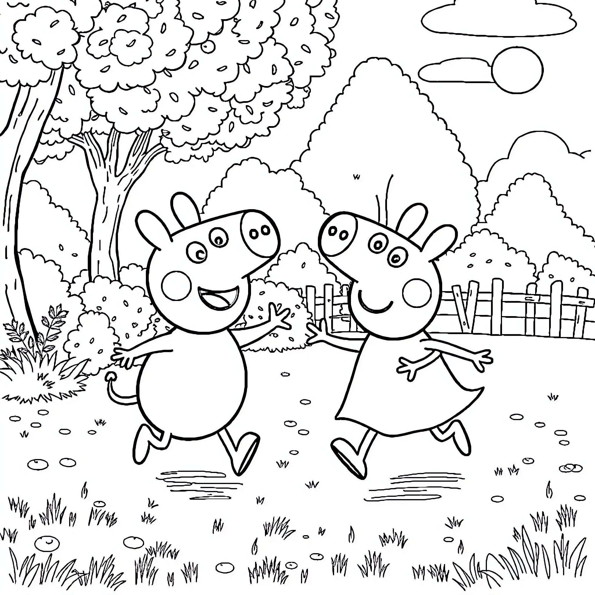 Bluey and Bingo explore the outdoors happily Coloring Page (free black-and-white line drawing printable PDF for all, from beginners to advanced learners, including children, teens, adults, and seniors)