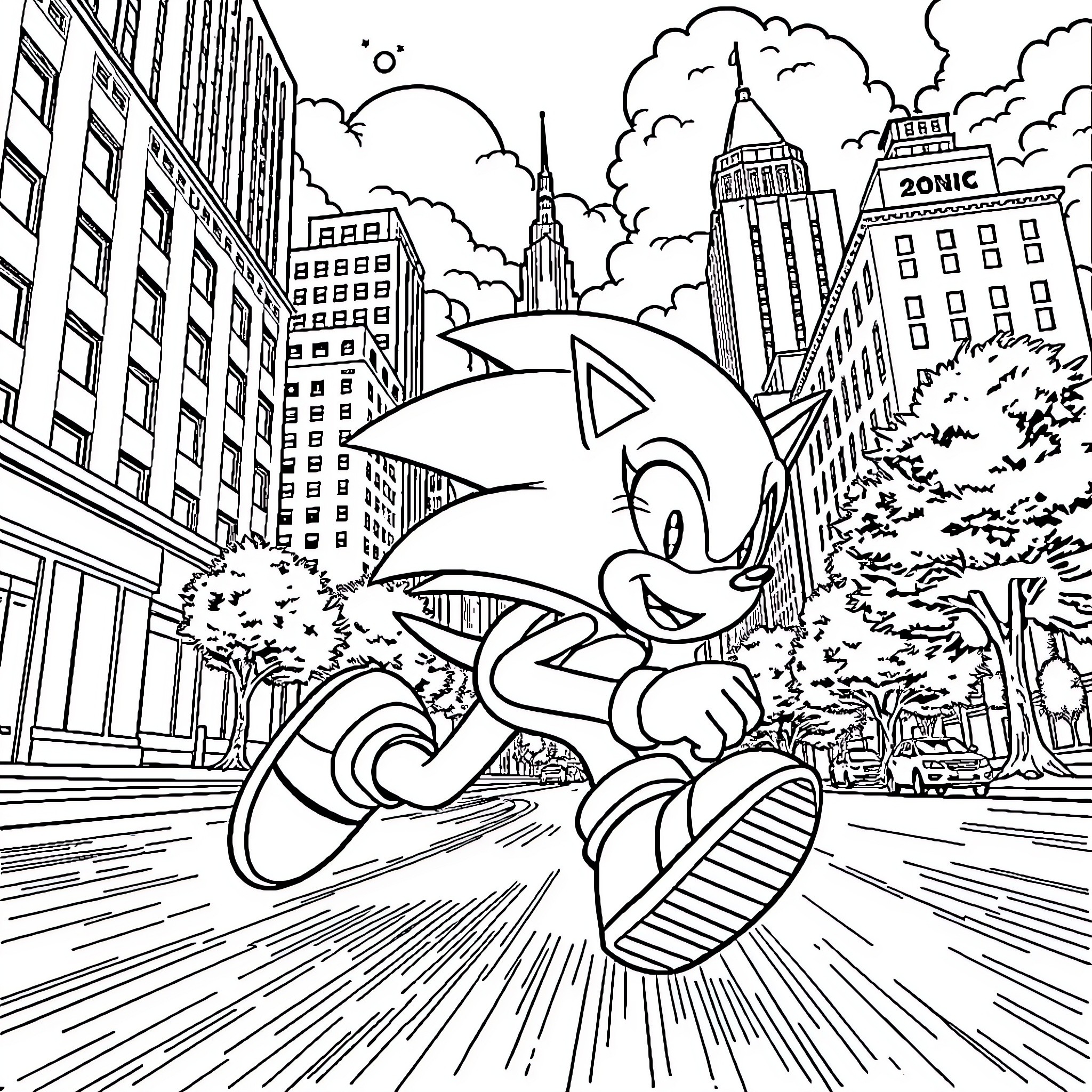 Sonic Racing Through the City Streets Coloring Page (free black-and-white line drawing printable PDF for all, from beginners to advanced learners, including children, teens, adults, and seniors)
