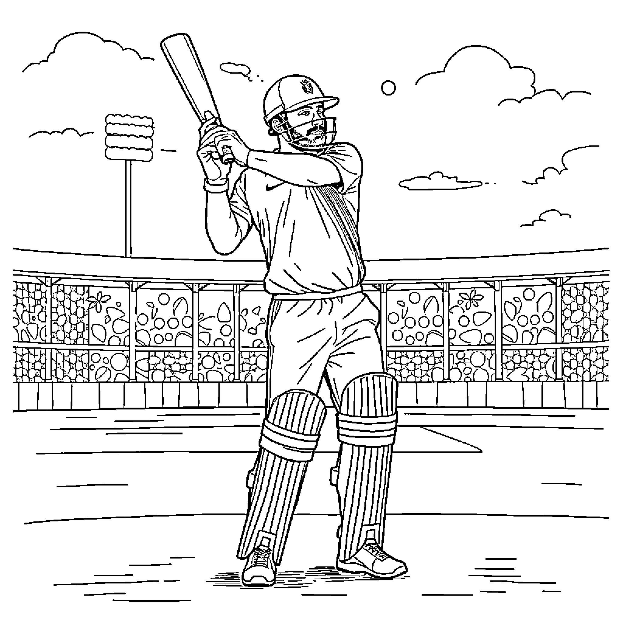 Rohit Sharma batting in cricket stadium Coloring Page (free black-and-white line drawing printable PDF for all, from beginners to advanced learners, including children, teens, adults, and seniors)