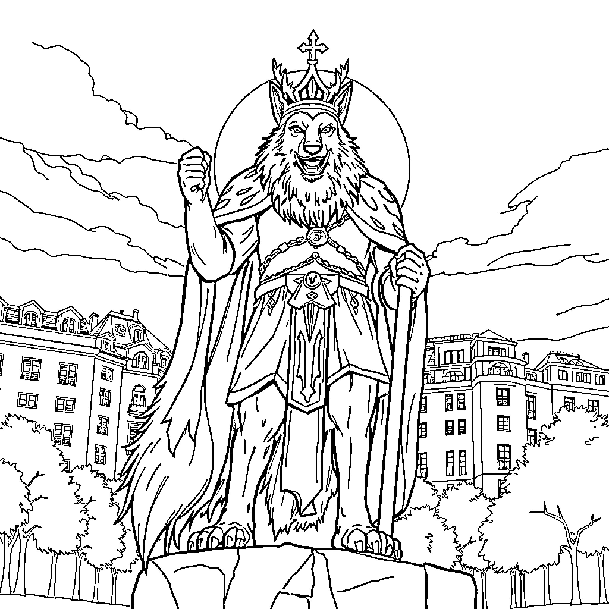 Wolf King ruling over the kingdom Coloring Page (free black-and-white line drawing printable PDF for all, from beginners to advanced learners, including children, teens, adults, and seniors)