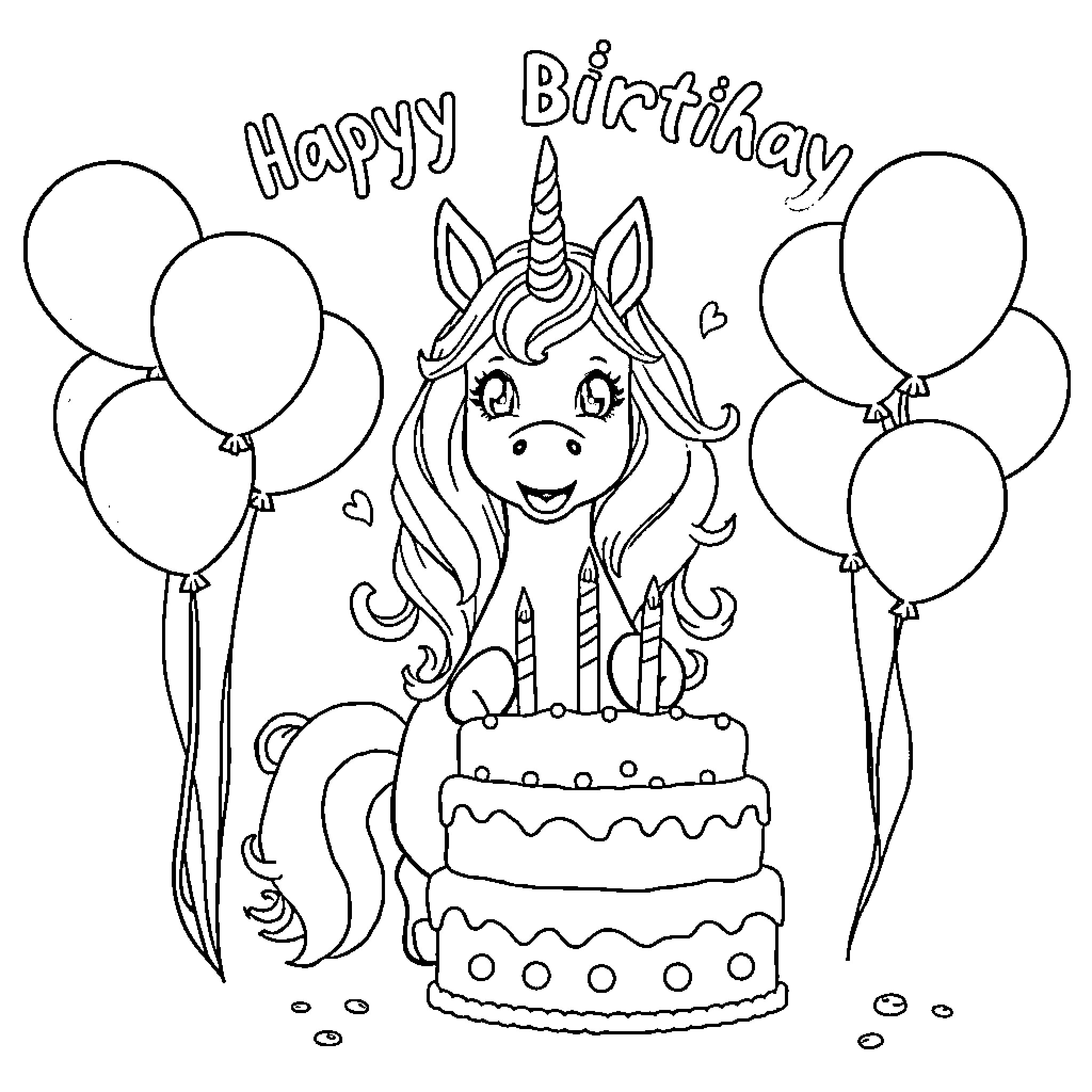 Unicorn celebrating a happy birthday with cake and balloons Coloring Page (free black-and-white line drawing printable PDF for all, from beginners to advanced learners, including children, teens, adults, and seniors)