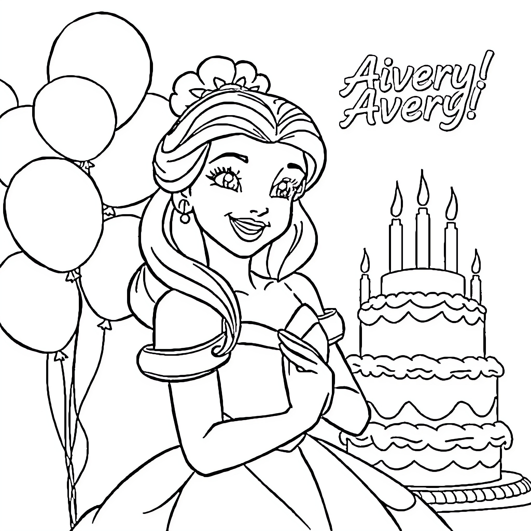 Princess Celebrating Her Birthday with Balloons and Cake Coloring Page (free black-and-white line drawing printable PDF for all, from beginners to advanced learners, including children, teens, adults, and seniors)