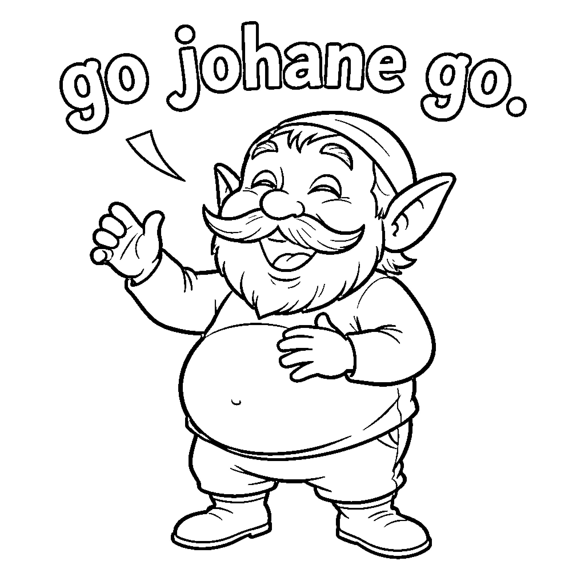 Nain joyful gnome cheering with a big smile Coloring Page (free black-and-white line drawing printable PDF for all, from beginners to advanced learners, including children, teens, adults, and seniors)