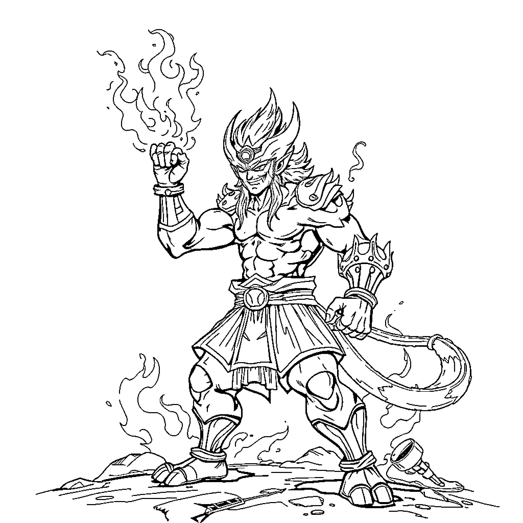 Rengokou warrior wielding mystical flames in a powerful stance Coloring Page (free black-and-white line drawing printable PDF for all, from beginners to advanced learners, including children, teens, adults, and seniors)