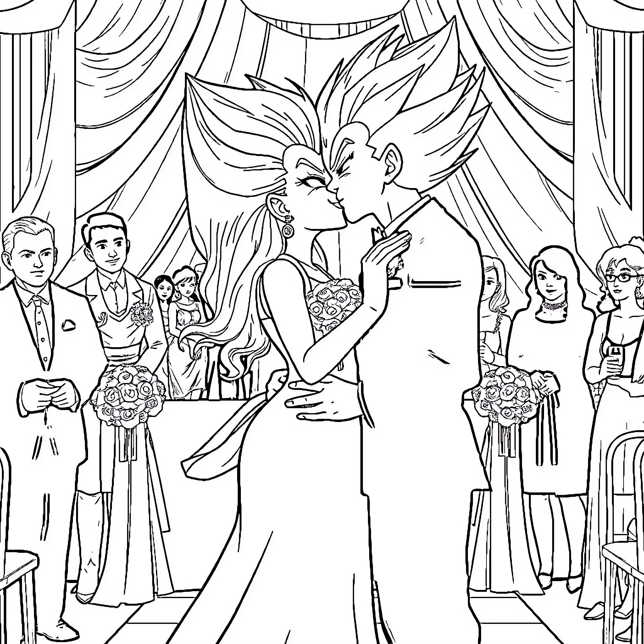 Vegeta's Extravagant Wedding Celebration Coloring Page (free black-and-white line drawing printable PDF for all, from beginners to advanced learners, including children, teens, adults, and seniors)