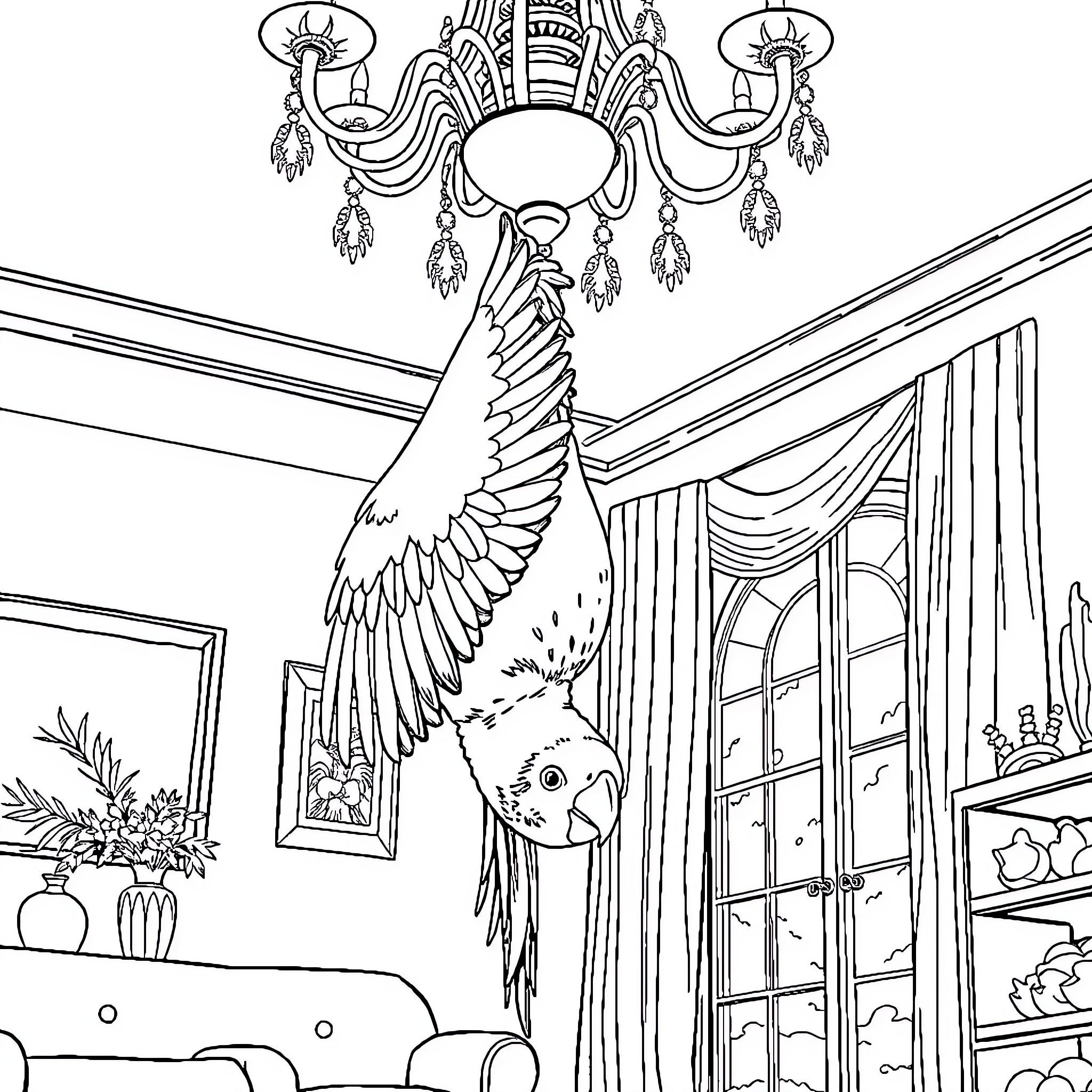 Parrot perched in an ornate indoor setting Coloring Page (free black-and-white line drawing printable PDF for all, from beginners to advanced learners, including children, teens, adults, and seniors)