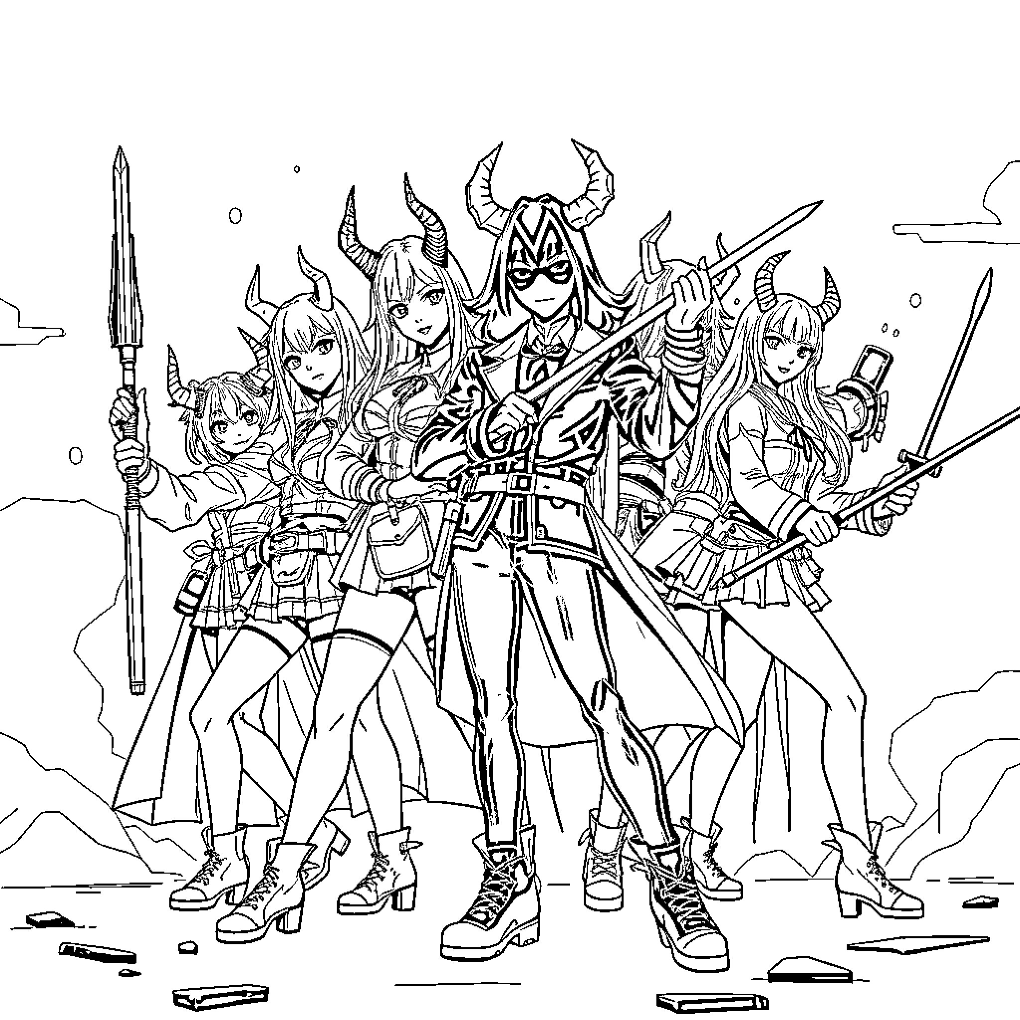 Demon Hunter Squad in Battle Gear Coloring Page (free black-and-white line drawing printable PDF for all, from beginners to advanced learners, including children, teens, adults, and seniors)