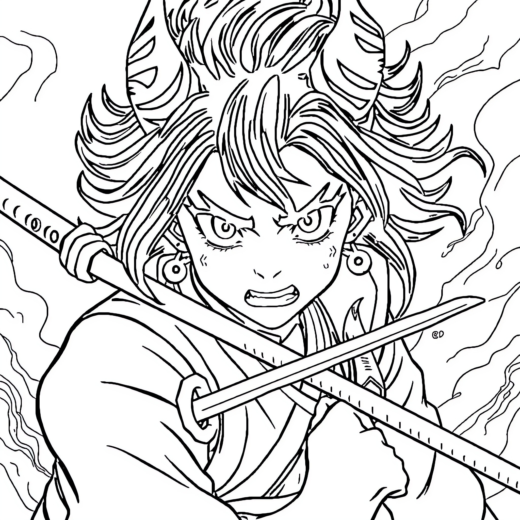 Nezuko in fierce combat with determination Coloring Page (free black-and-white line drawing printable PDF for all, from beginners to advanced learners, including children, teens, adults, and seniors)