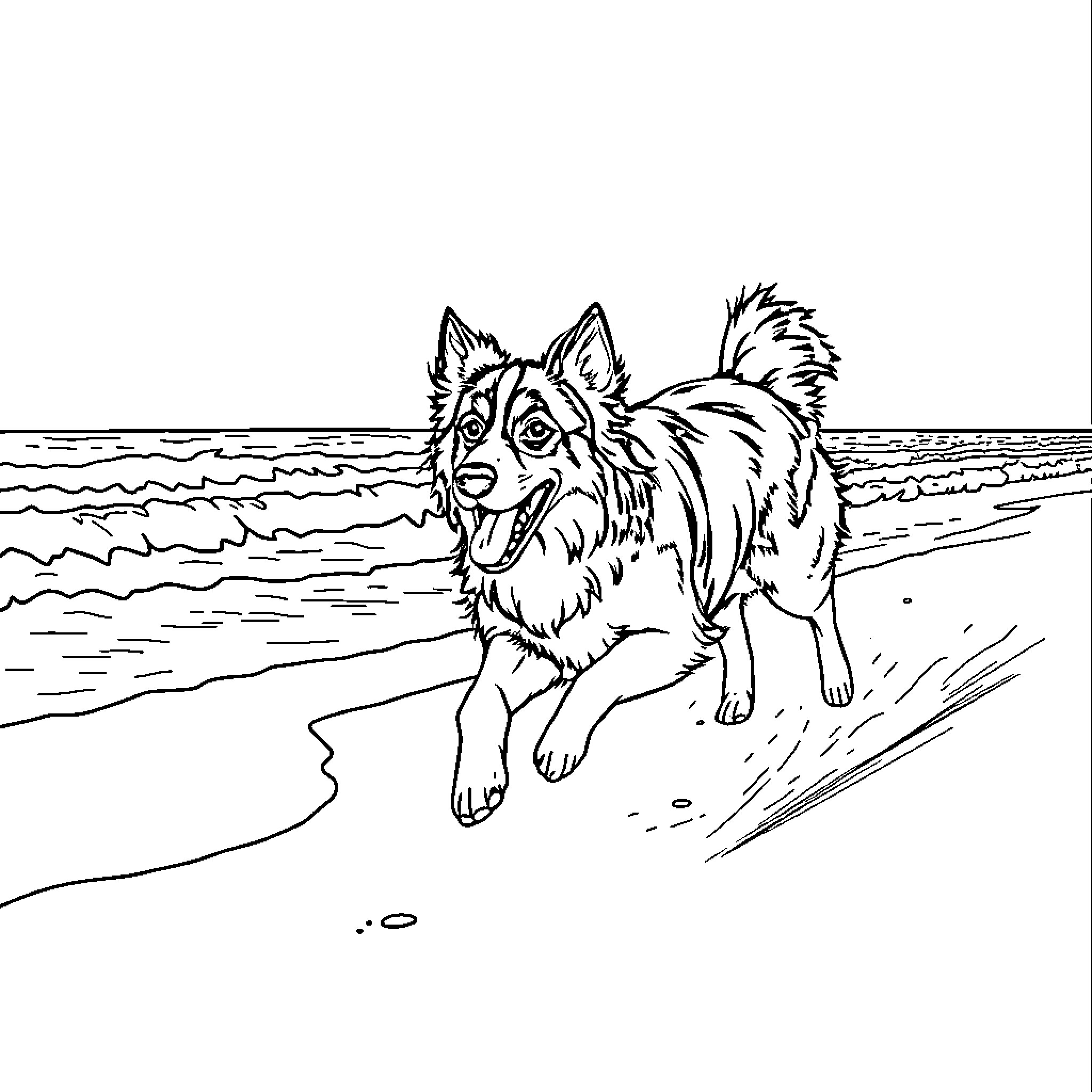 Australian Shepherd running on the beach Coloring Page (free black-and-white line drawing printable PDF for all, from beginners to advanced learners, including children, teens, adults, and seniors)