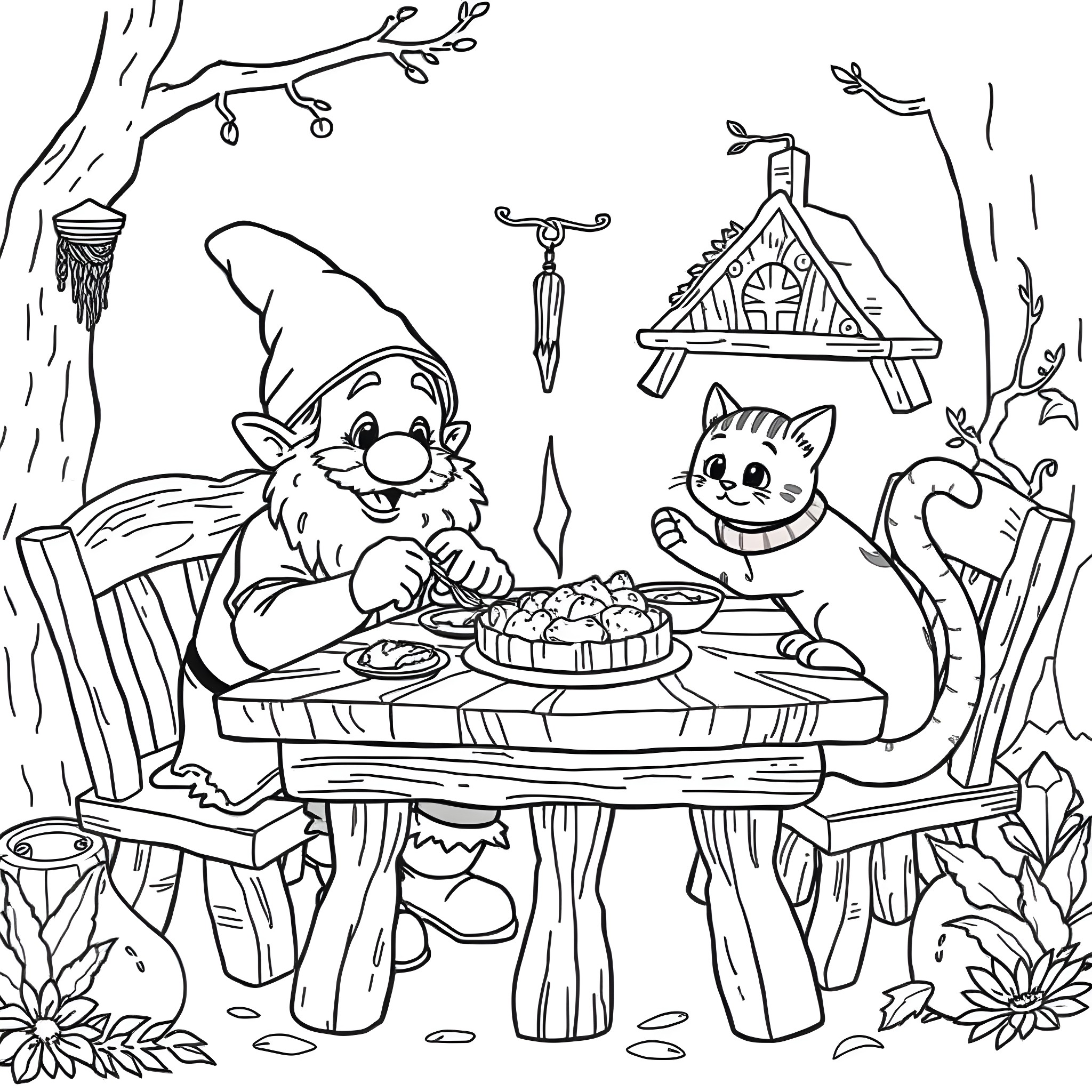 Dwarf eating pastries with a cat companion in the forest Coloring Page (free black-and-white line drawing printable PDF for all, from beginners to advanced learners, including children, teens, adults, and seniors)