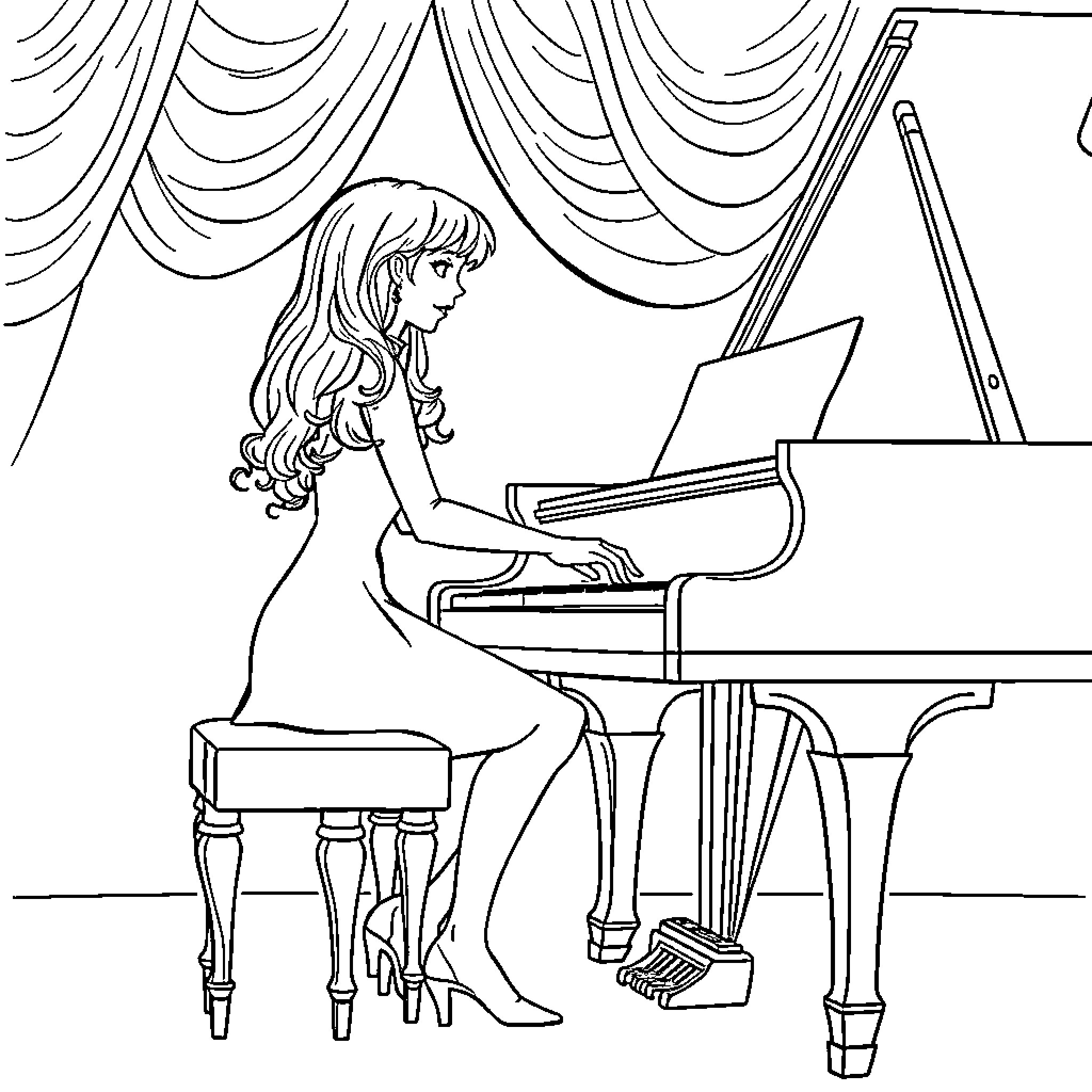 Aria playing piano on stage Coloring Page (free black-and-white line drawing printable PDF for all, from beginners to advanced learners, including children, teens, adults, and seniors)
