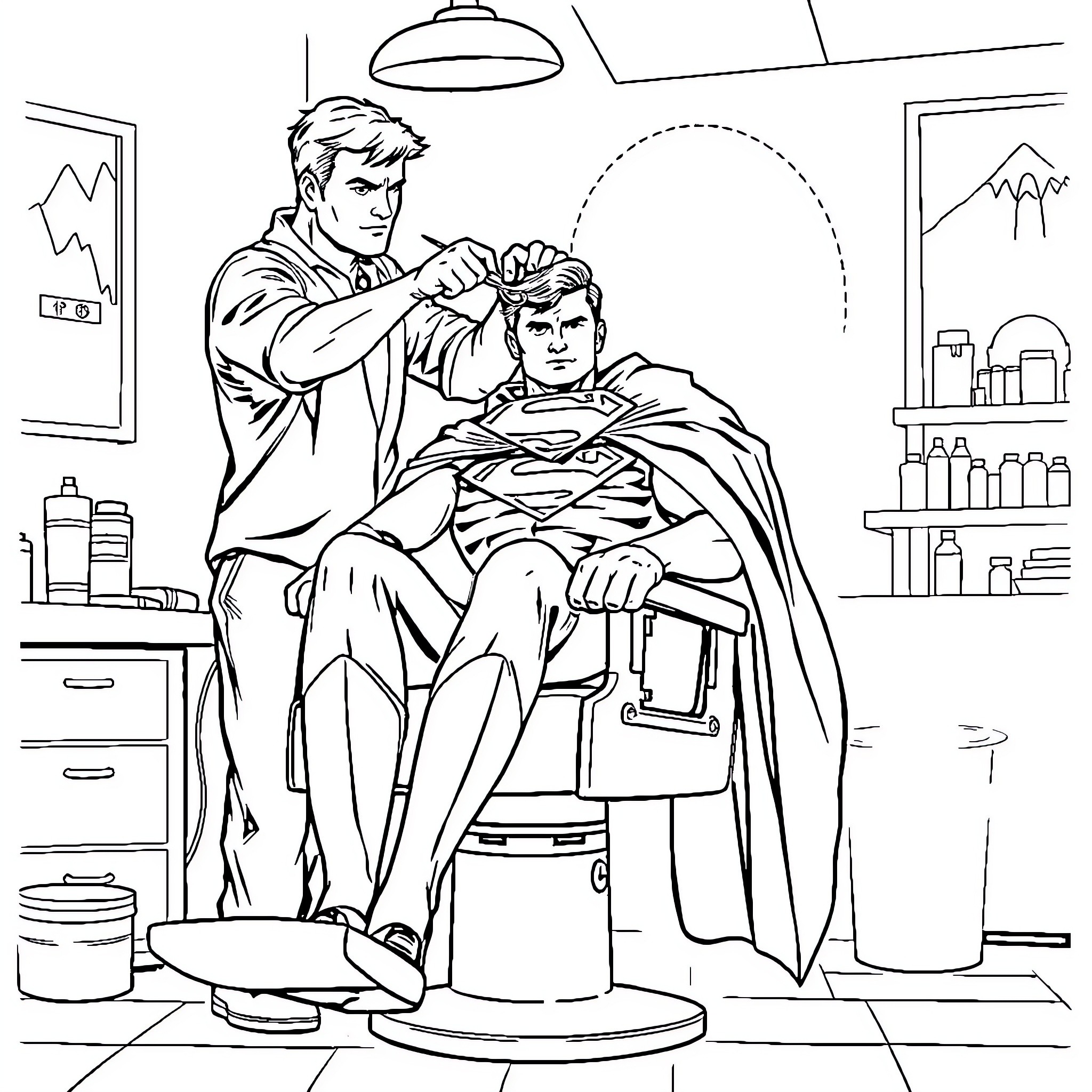 Superman getting a haircut in the barbershop Coloring Page (free black-and-white line drawing printable PDF for all, from beginners to advanced learners, including children, teens, adults, and seniors)