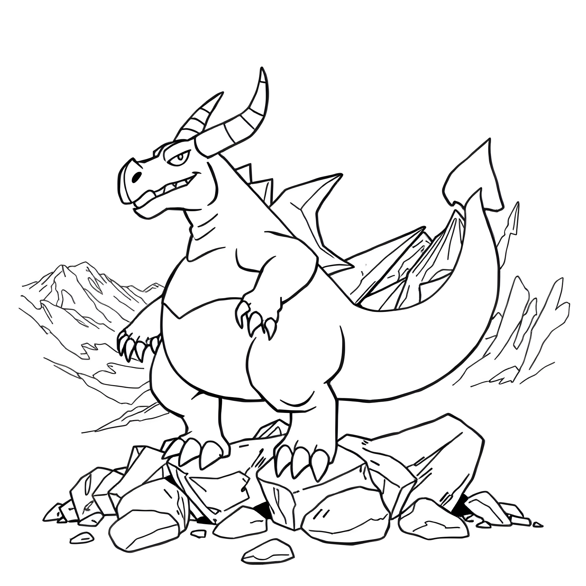Nidoking Roaring Amidst Rocky Terrain Coloring Page (free black-and-white line drawing printable PDF for all, from beginners to advanced learners, including children, teens, adults, and seniors)