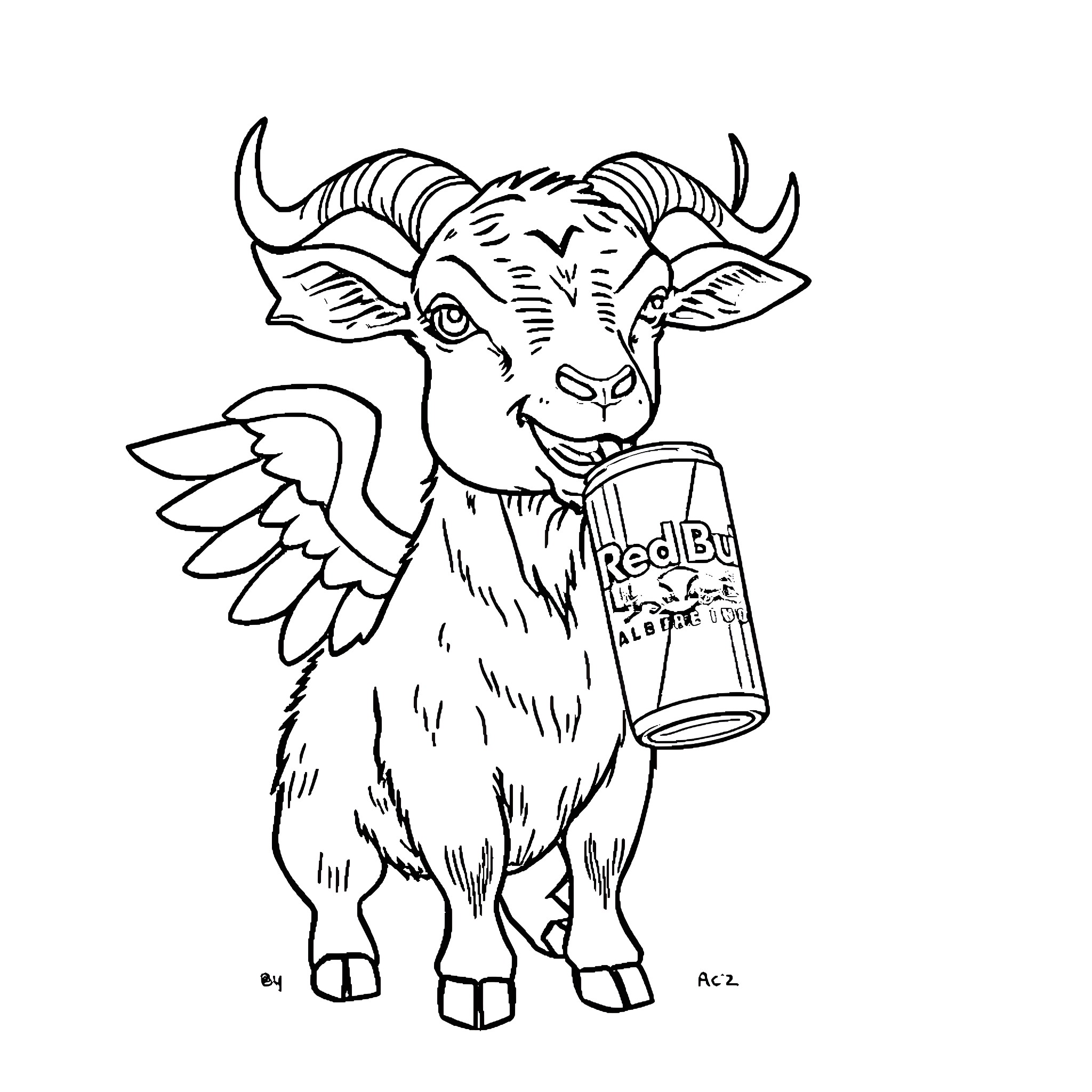 Goat enjoying a refreshing beverage Coloring Page (free black-and-white line drawing printable PDF for all, from beginners to advanced learners, including children, teens, adults, and seniors)