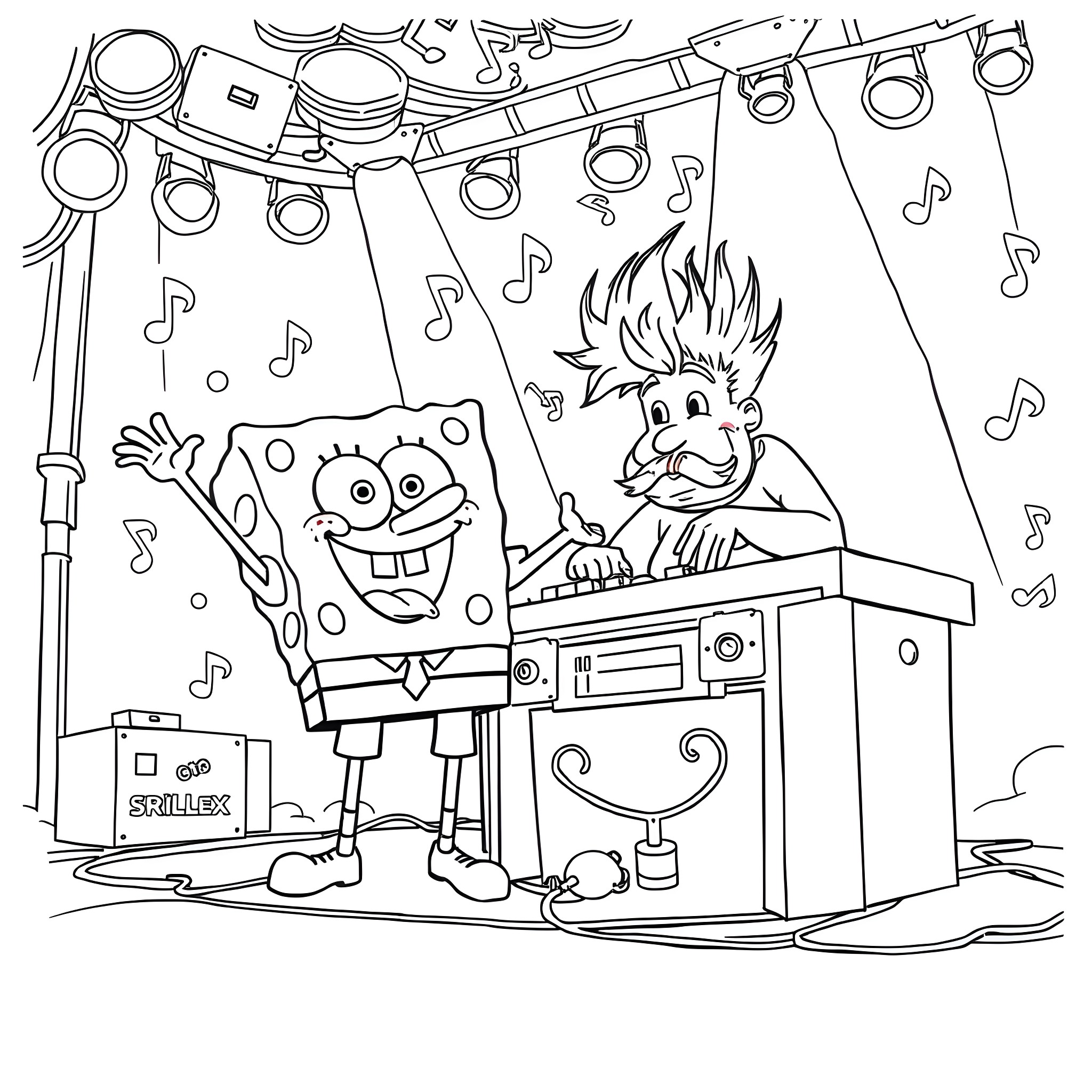 Spongebob rocking out on stage with music notes Coloring Page (free black-and-white line drawing printable PDF for all, from beginners to advanced learners, including children, teens, adults, and seniors)