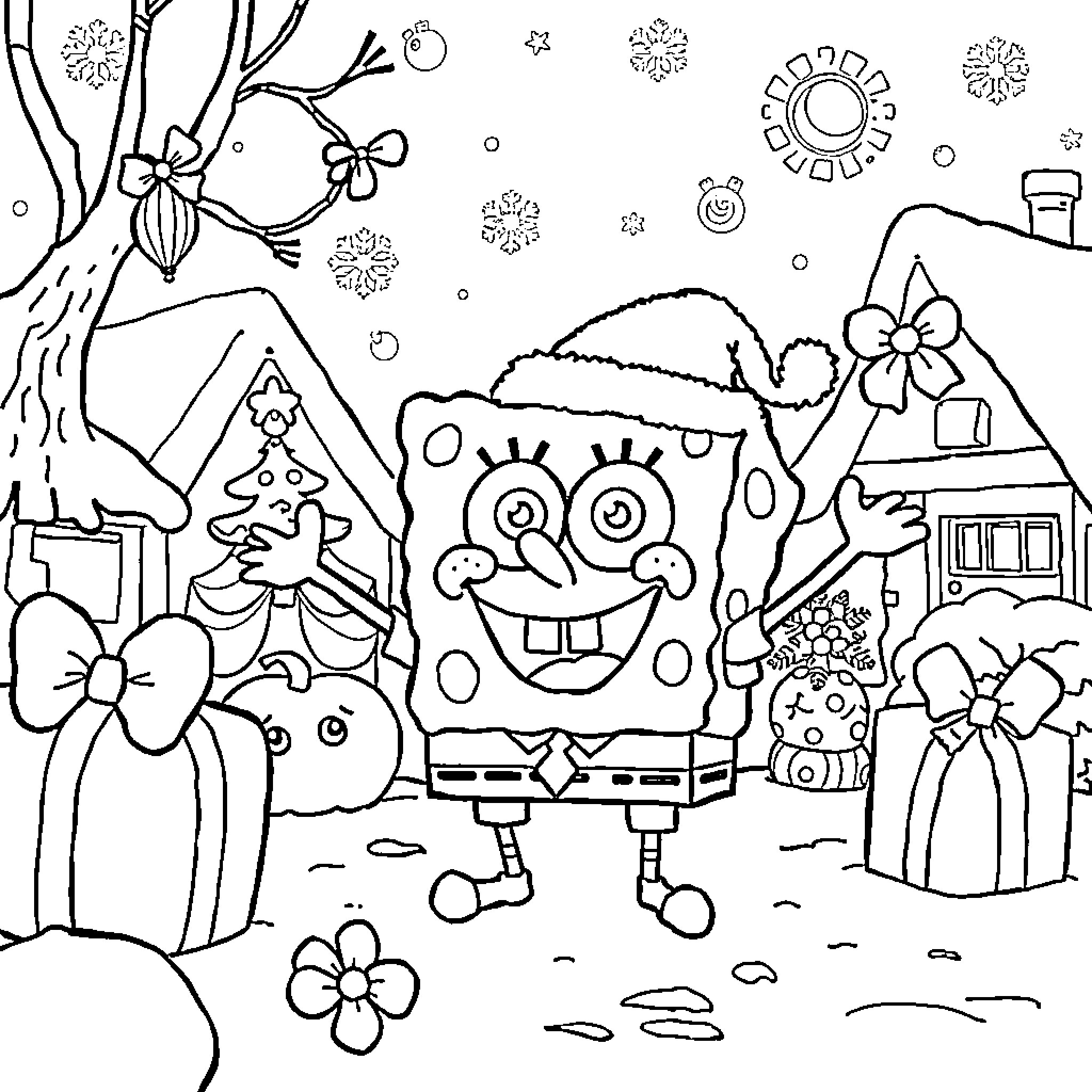 Spongebob's Winter Wonderland Adventure Coloring Page (free black-and-white line drawing printable PDF for all, from beginners to advanced learners, including children, teens, adults, and seniors)