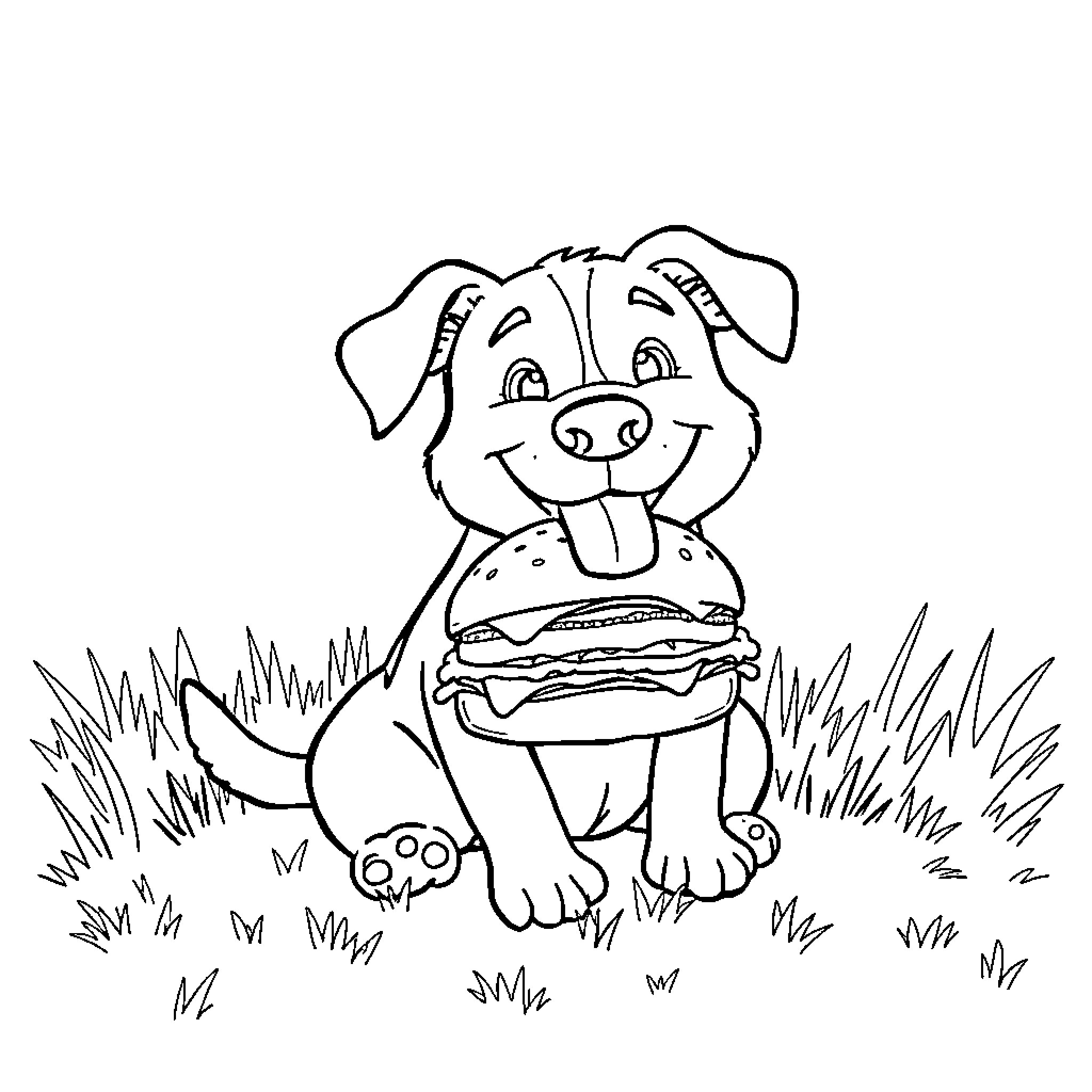 Dog enjoying a tasty hamburger in the grass Coloring Page (free black-and-white line drawing printable PDF for all, from beginners to advanced learners, including children, teens, adults, and seniors)