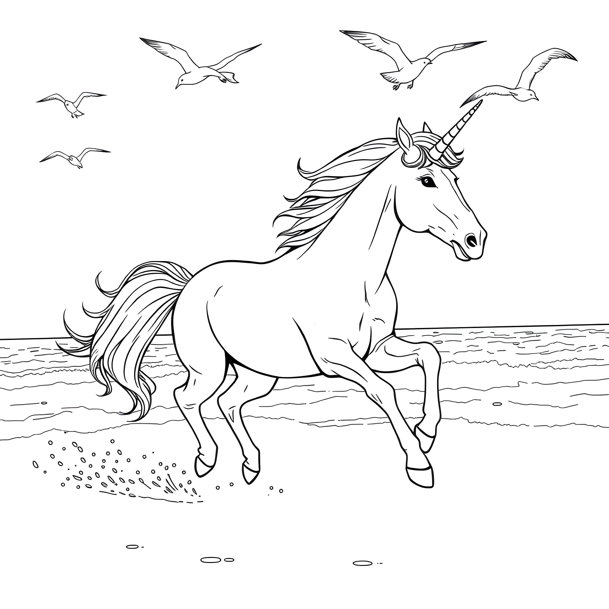 Unicorn prancing among seagulls near the shore Coloring Page (free black-and-white line drawing printable PDF for all, from beginners to advanced learners, including children, teens, adults, and seniors)