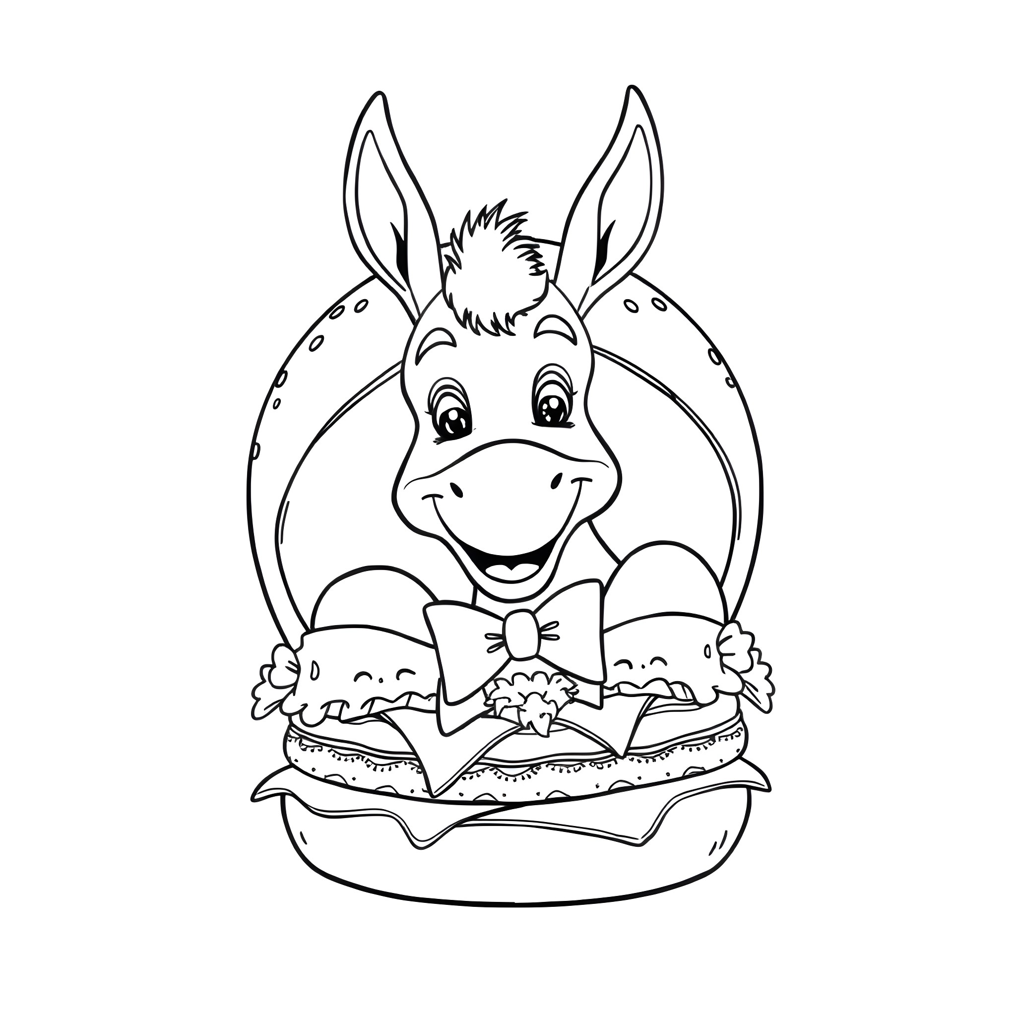 Donkey happily reading a book with cute friends Coloring Page (free black-and-white line drawing printable PDF for all, from beginners to advanced learners, including children, teens, adults, and seniors)