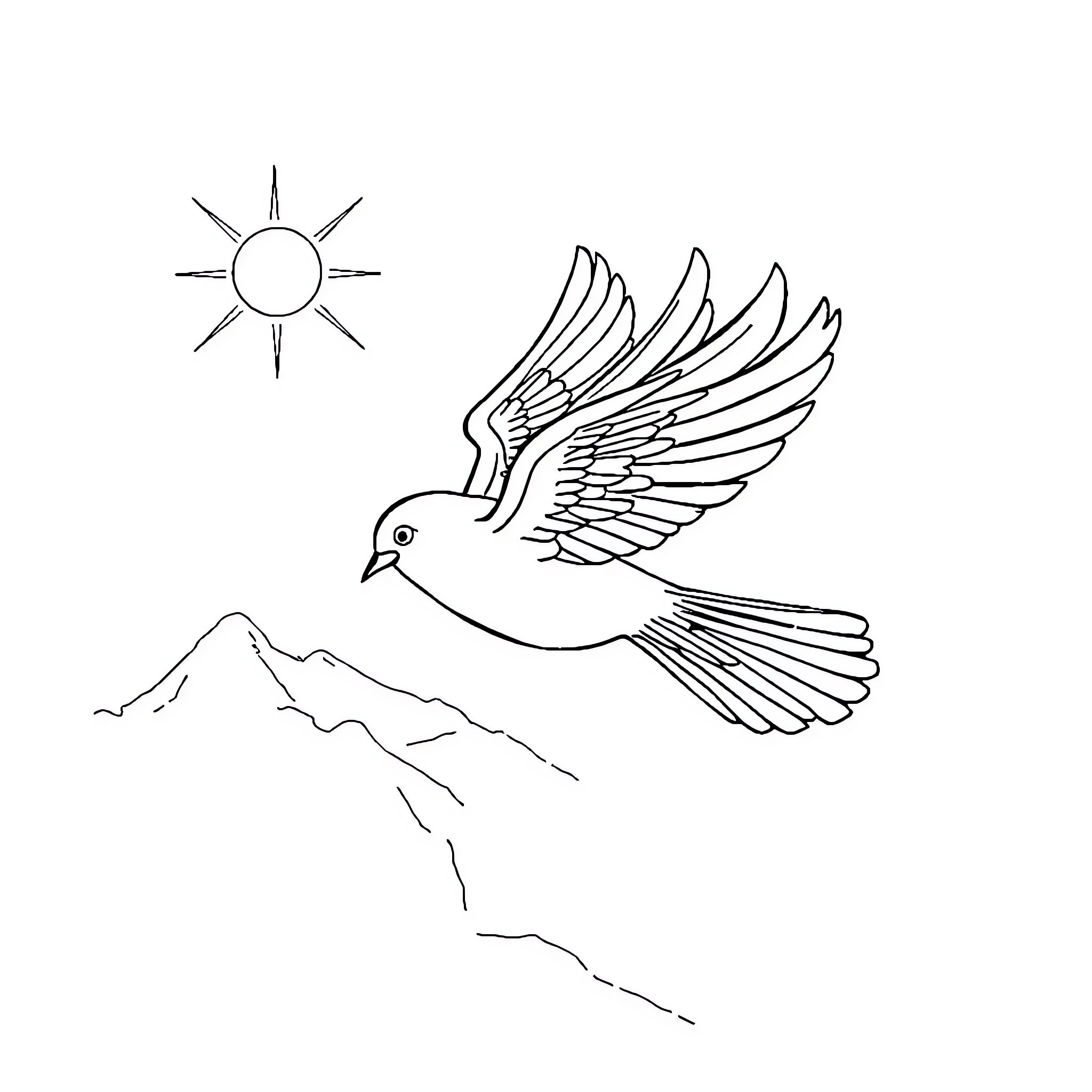 Dolphin soaring gracefully over mountain landscape Coloring Page (free black-and-white line drawing printable PDF for all, from beginners to advanced learners, including children, teens, adults, and seniors)