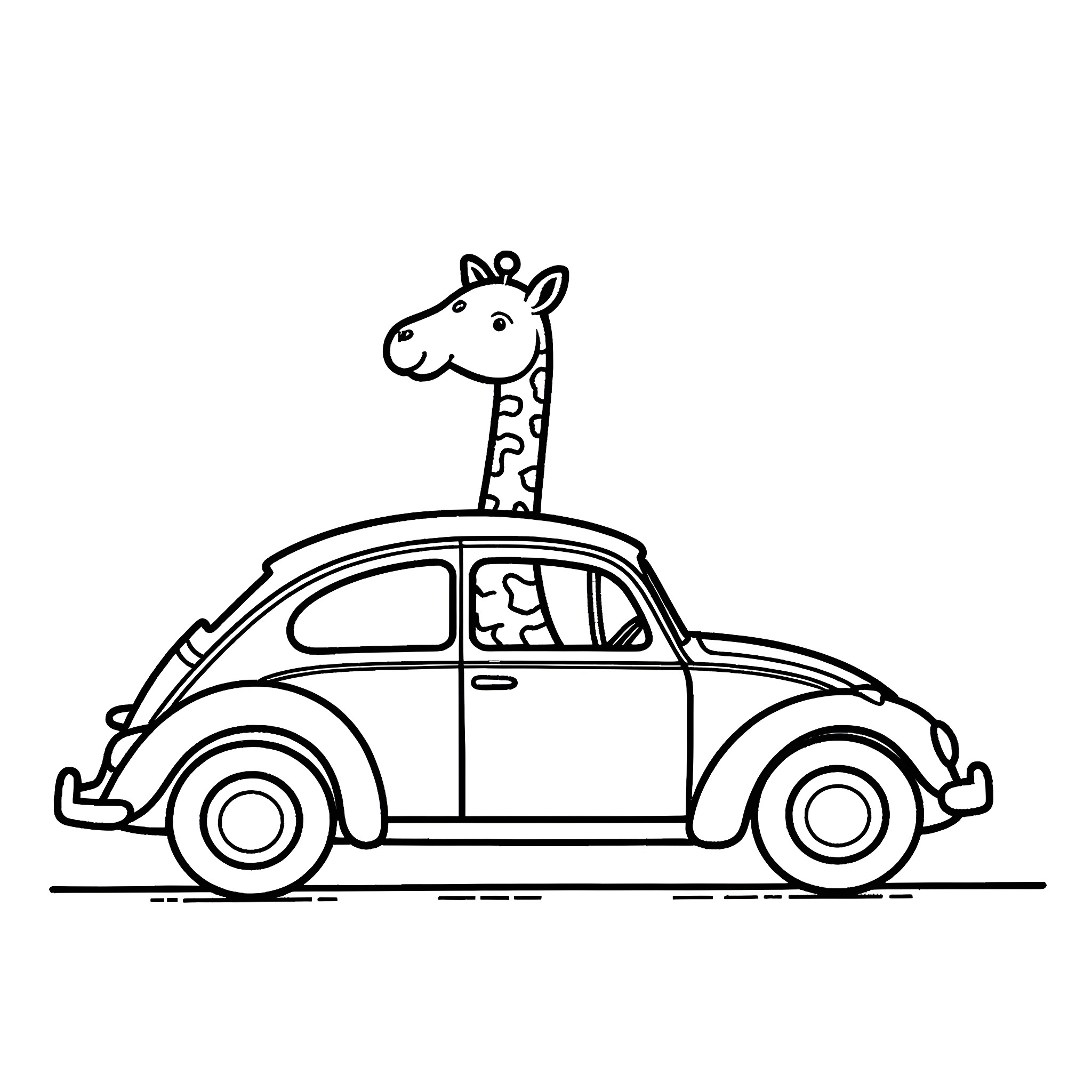 Giraffe riding playfully in a car Coloring Page (free black-and-white line drawing printable PDF for all, from beginners to advanced learners, including children, teens, adults, and seniors)
