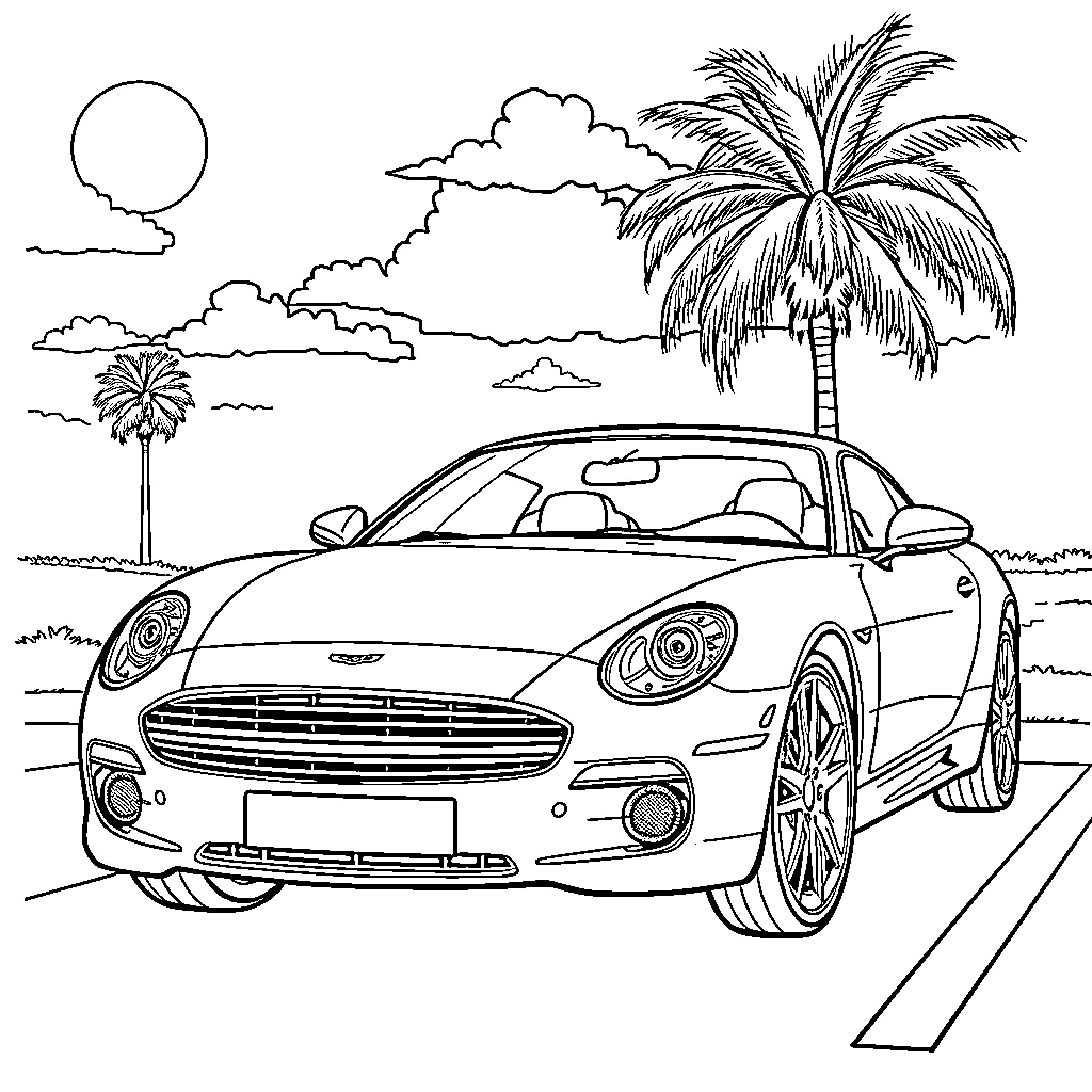 Car on tropical road with palm trees Coloring Page (free black-and-white line drawing printable PDF for all, from beginners to advanced learners, including children, teens, adults, and seniors)