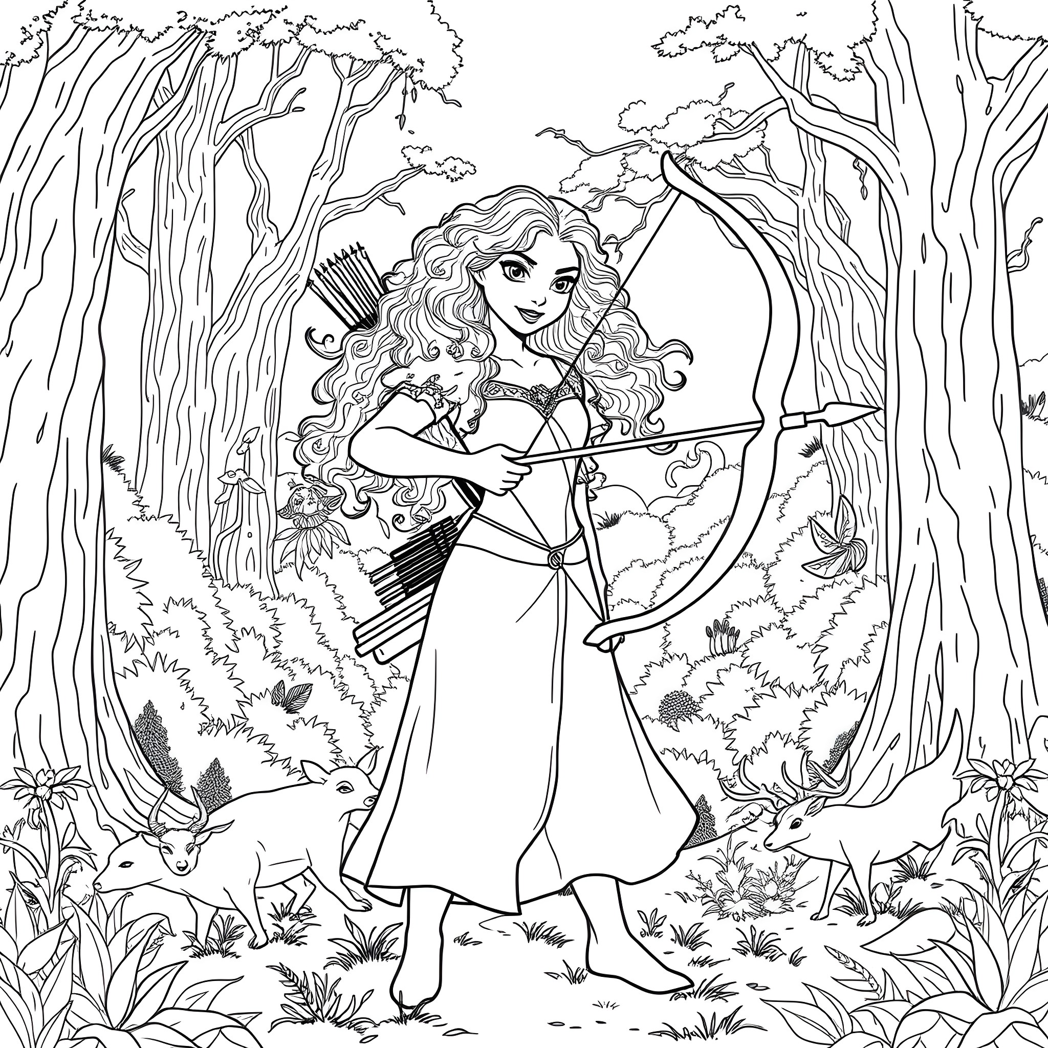 Merida adventuring through the magical forest Coloring Page (free black-and-white line drawing printable PDF for all, from beginners to advanced learners, including children, teens, adults, and seniors)