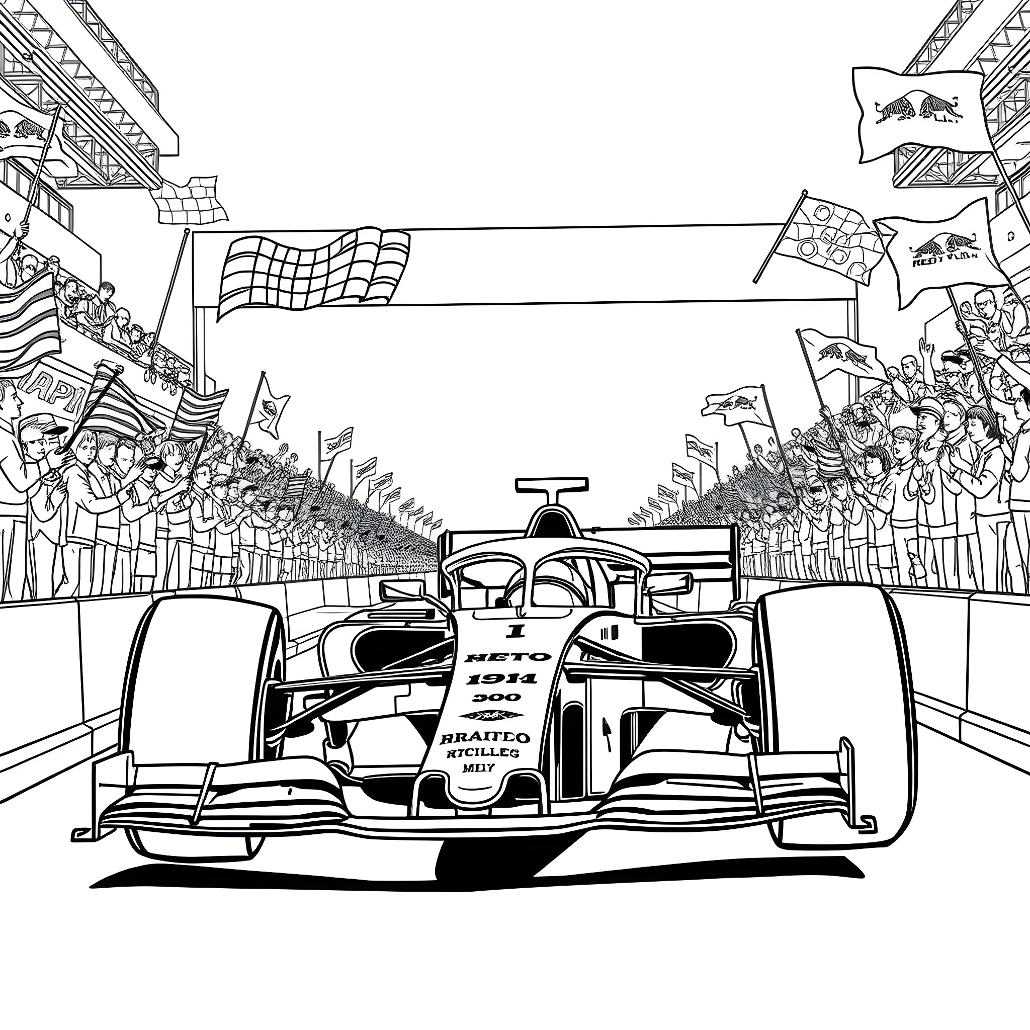 F1 Car racing on track with cheering crowd Coloring Page (free black-and-white line drawing printable PDF for all, from beginners to advanced learners, including children, teens, adults, and seniors)