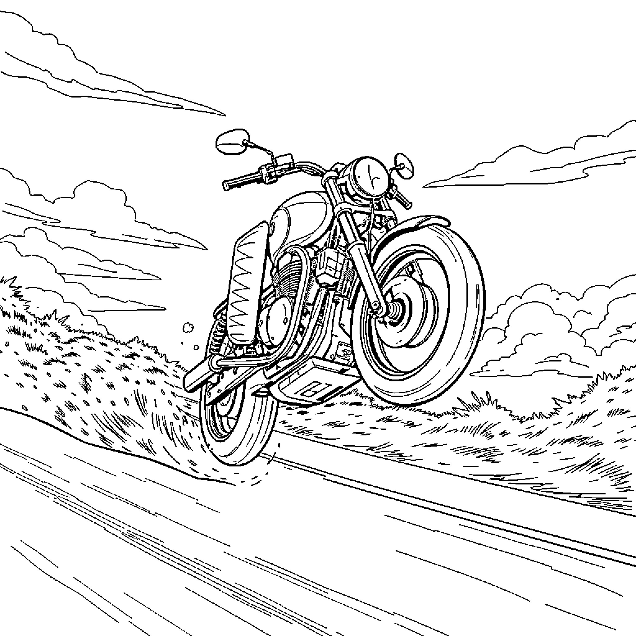 Simson motorcycle speeding through the countryside Coloring Page (free black-and-white line drawing printable PDF for all, from beginners to advanced learners, including children, teens, adults, and seniors)