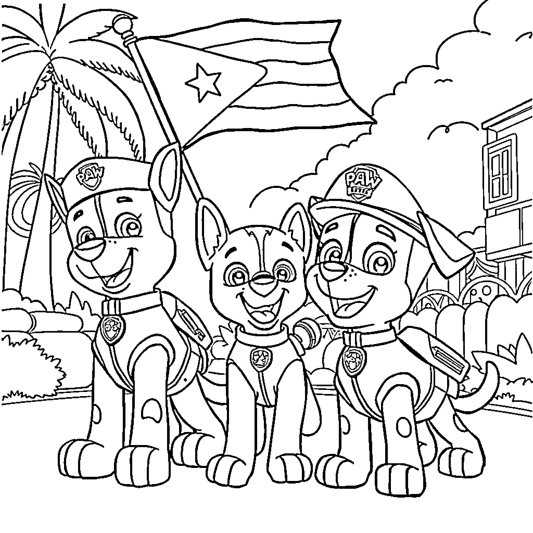 Paw Patrol Puppies on Patrol in the City Coloring Page (free black-and-white line drawing printable PDF for all, from beginners to advanced learners, including children, teens, adults, and seniors)