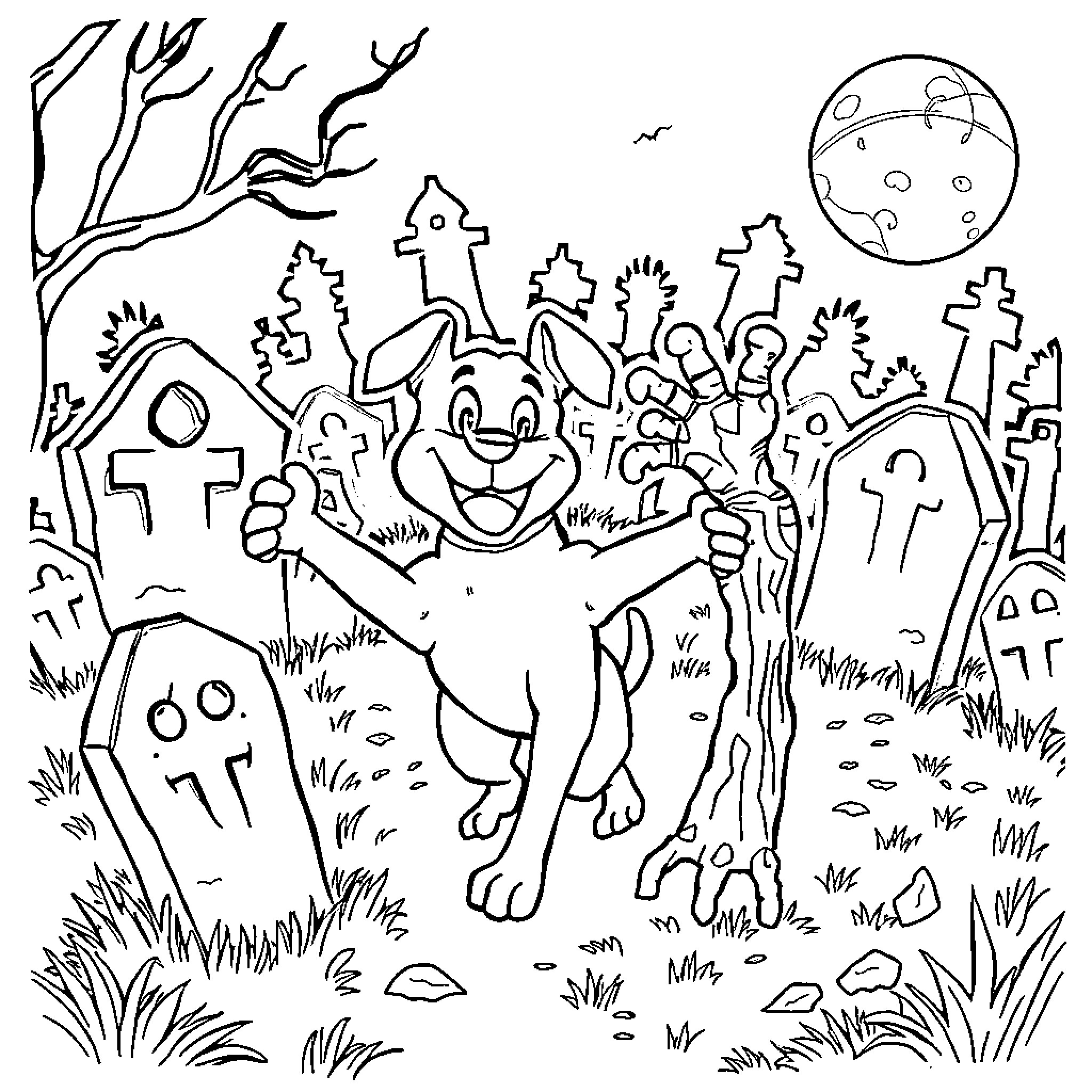 Dog playing in a spooky graveyard Coloring Page (free black-and-white line drawing printable PDF for all, from beginners to advanced learners, including children, teens, adults, and seniors)